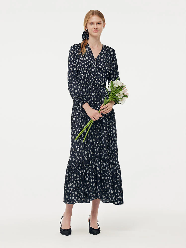 Floral Print Lantern Slit Sleeve Women Maxi Dress With Scrunchie - Image 2