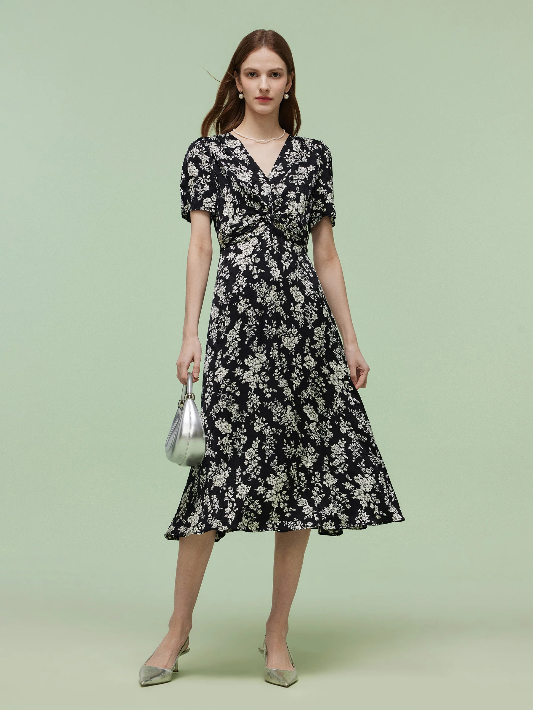 Floral Print Twist Front Women Midi Dress