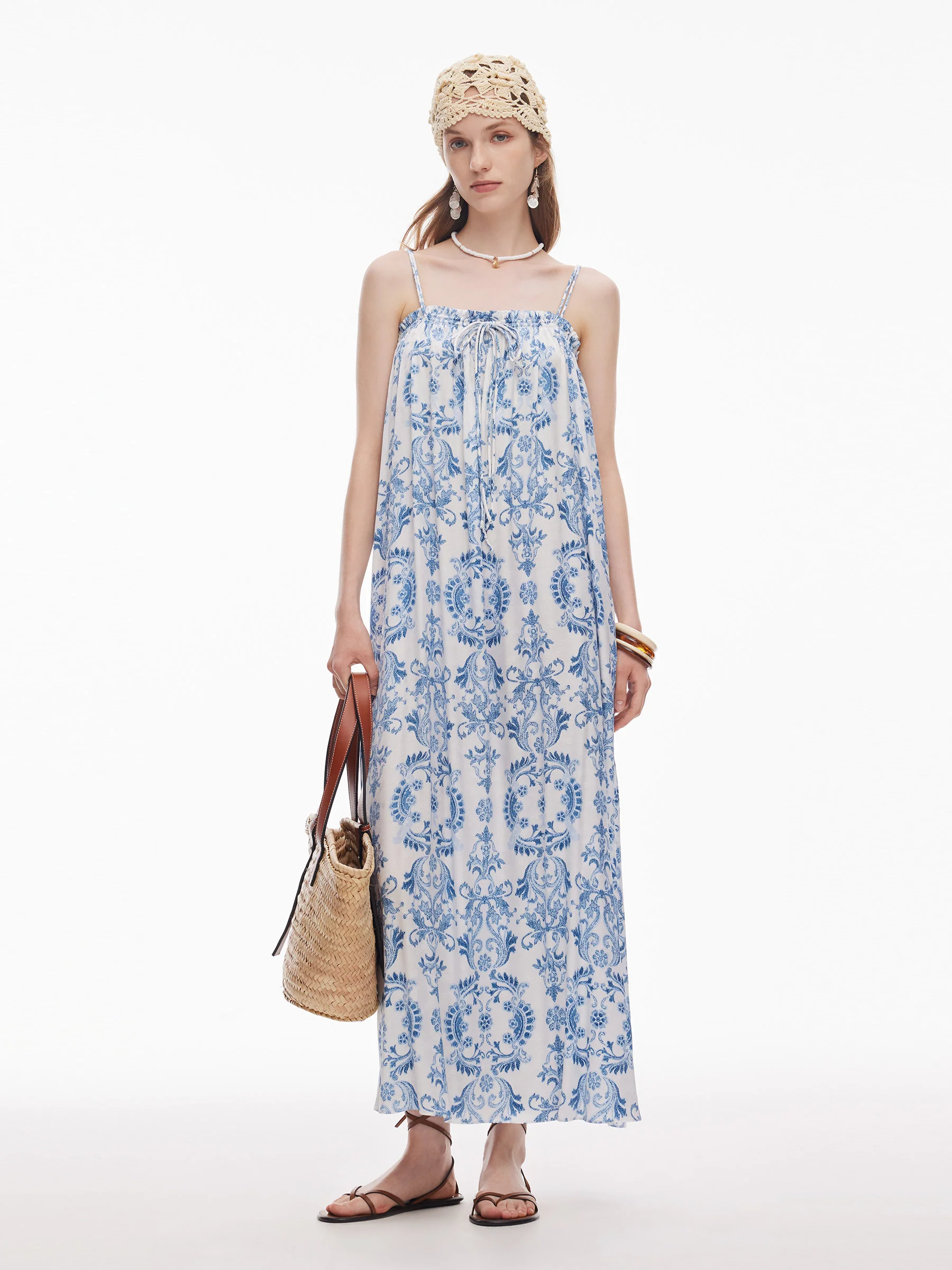 Floral Print Women Adjustable Strap Maxi Dress