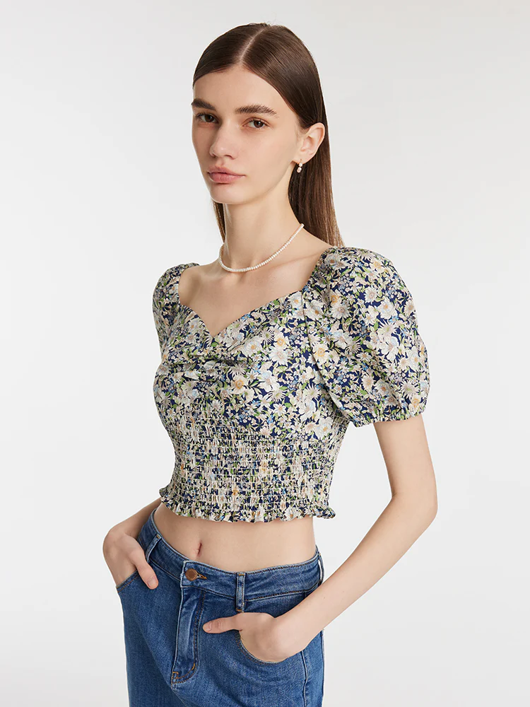Floral Print Square Neck Puff Sleeves Women Blouse - Image 6