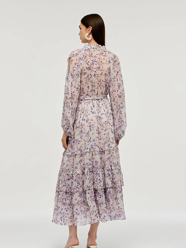 Floral Print Tiered Women Maxi Dress With Belt - Image 3