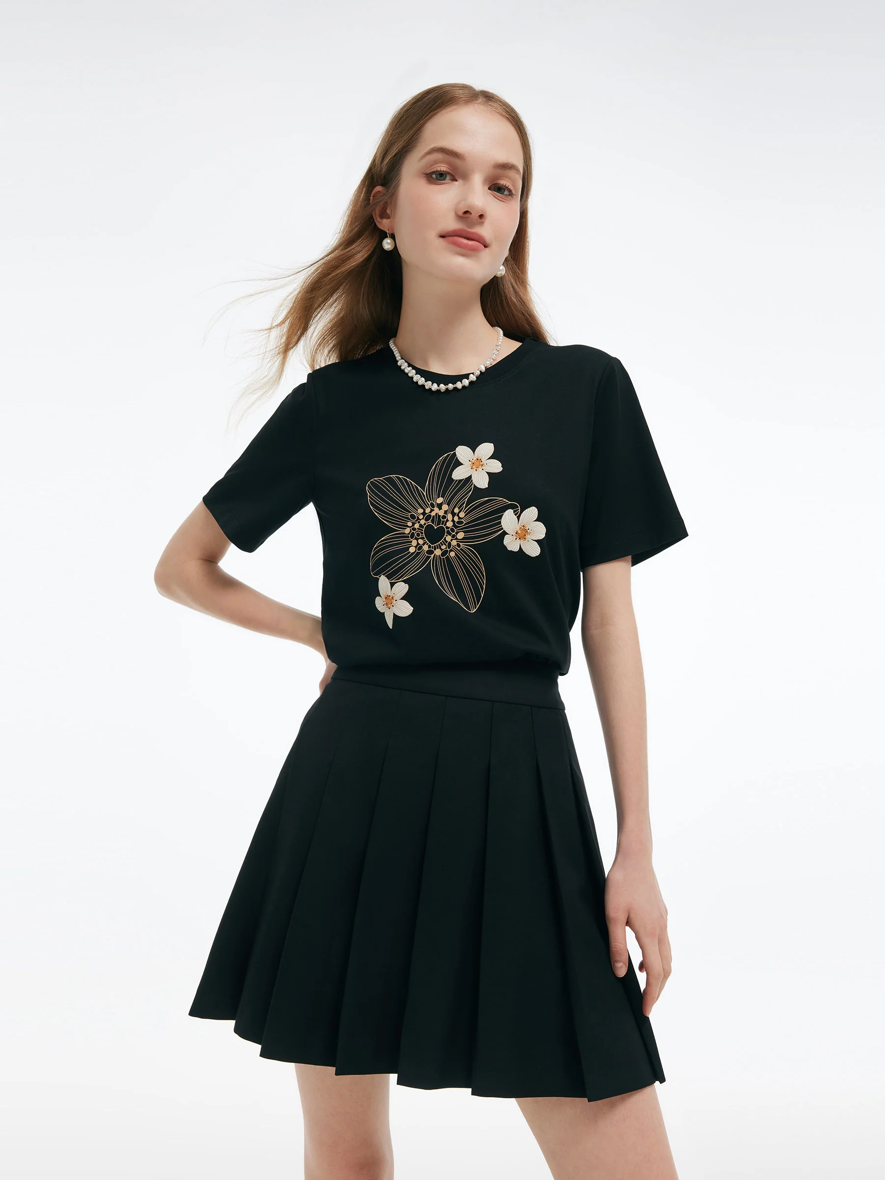 Flower Print Women Knit T-Shirt - Image 2