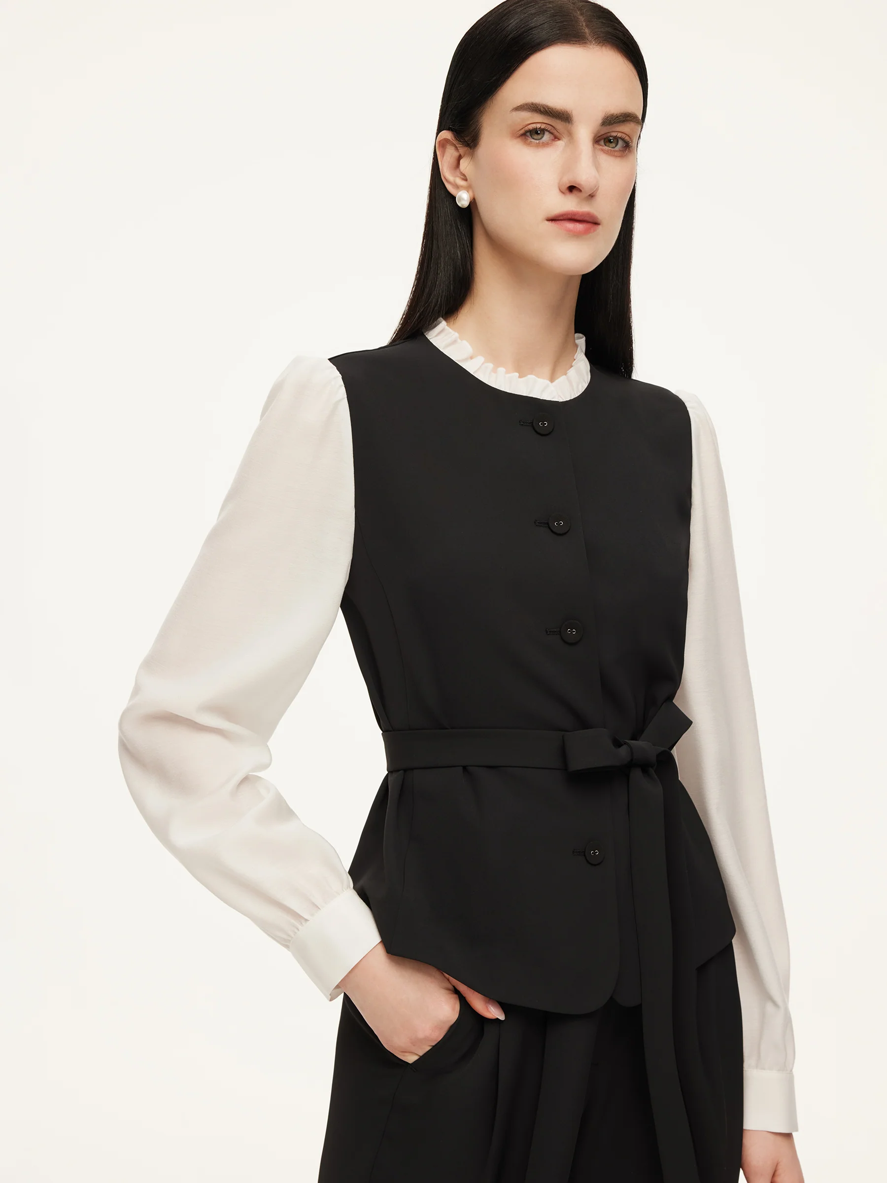 Four-Way Stretch Mock Layered Shirt And Pants Two-Piece Set With Self-Tie Belt - Image 5
