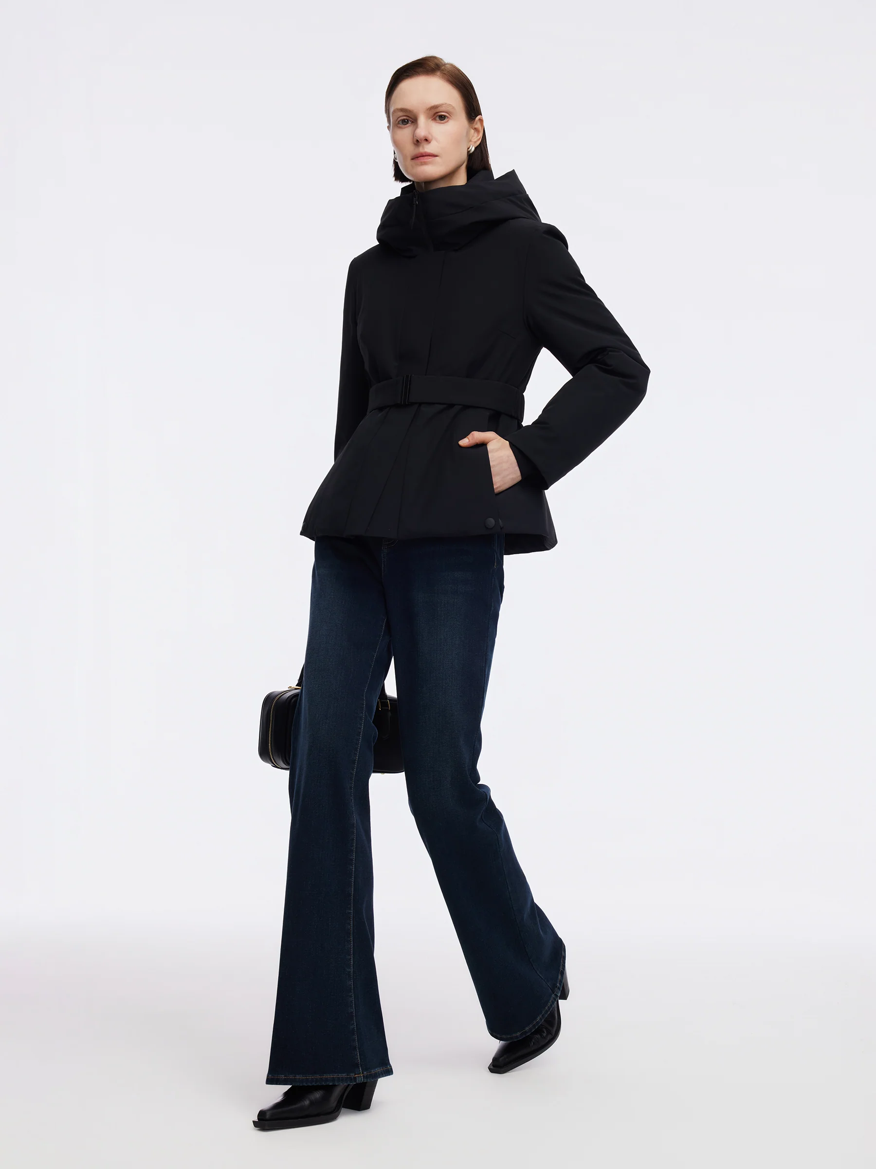 Gathered Waist Hooded Goose Down Jacket With Belt - Image 2