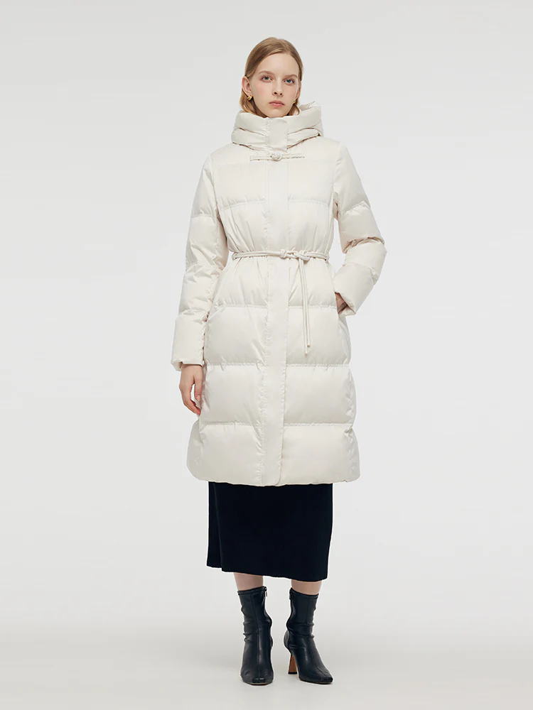 Gathered Waist Hooded Long Goose Down Coat - Image 3