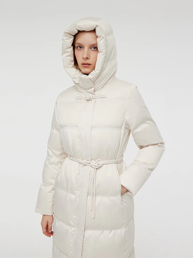 Gathered Waist Hooded Long Goose Down Coat - Image 7