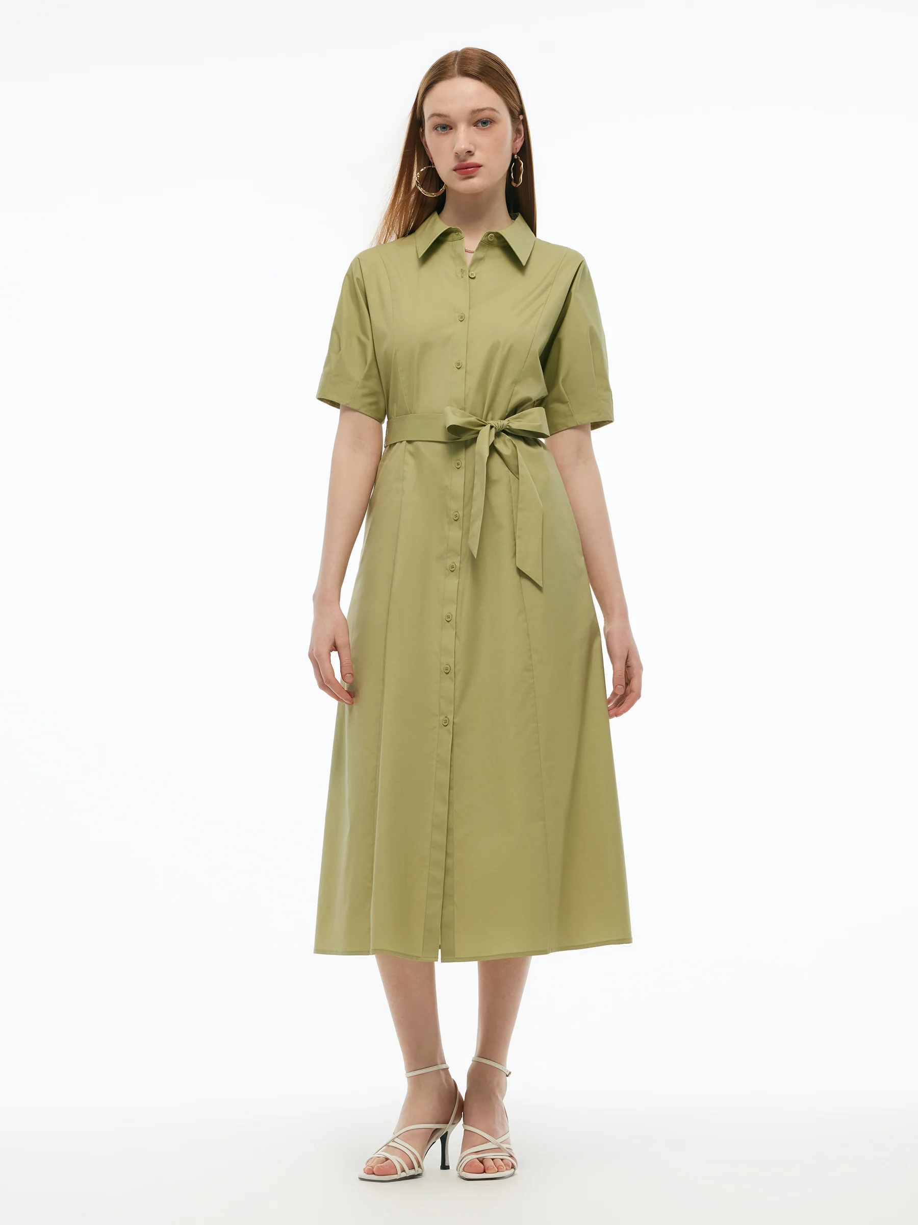 Gathered Waist Stretch Women Maxi Shirt Dress With Belt