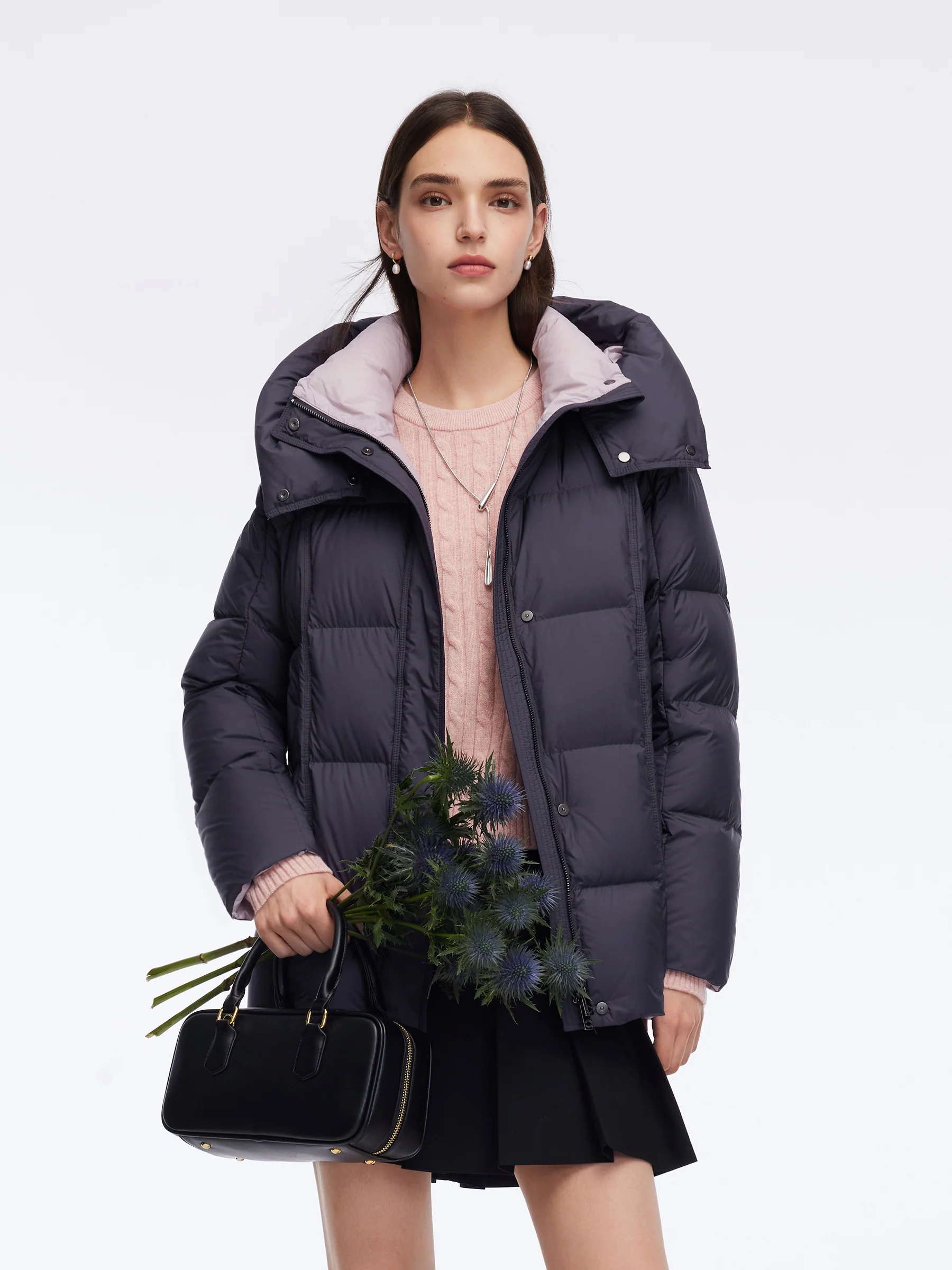 Color Block Goose Down Jacket With Detachable Hood