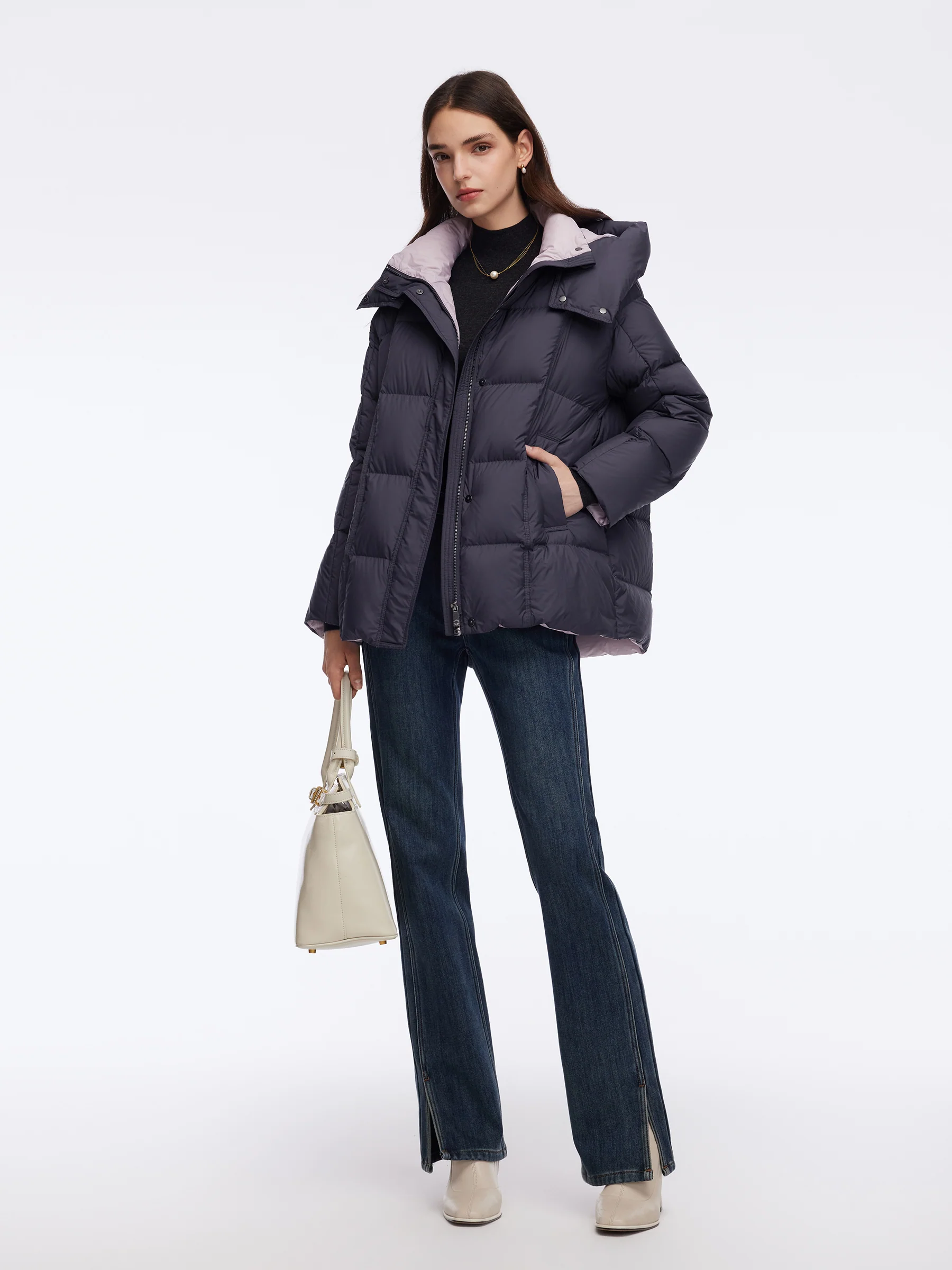 Color Block Goose Down Jacket With Detachable Hood - Image 2