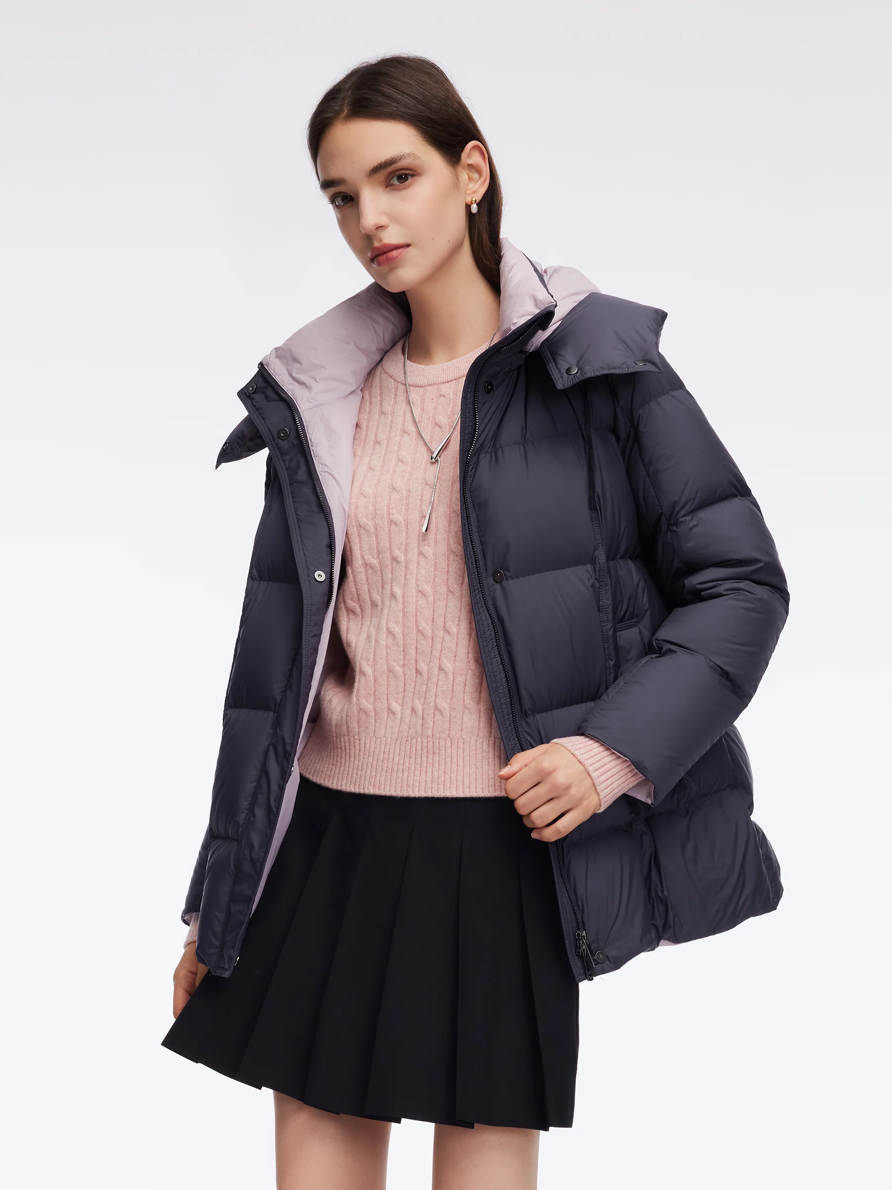 Color Block Goose Down Jacket With Detachable Hood - Image 4