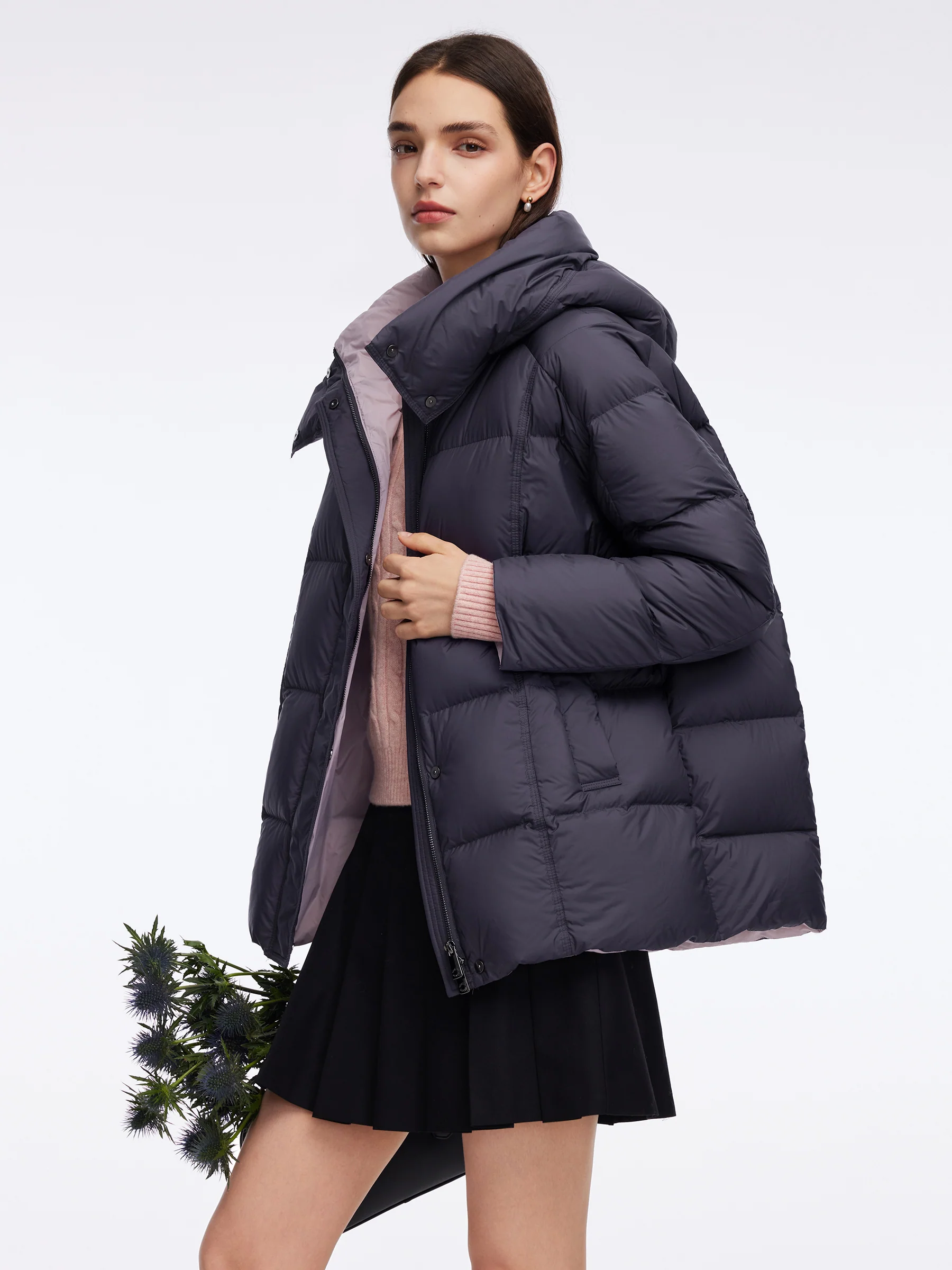 Color Block Goose Down Jacket With Detachable Hood - Image 5