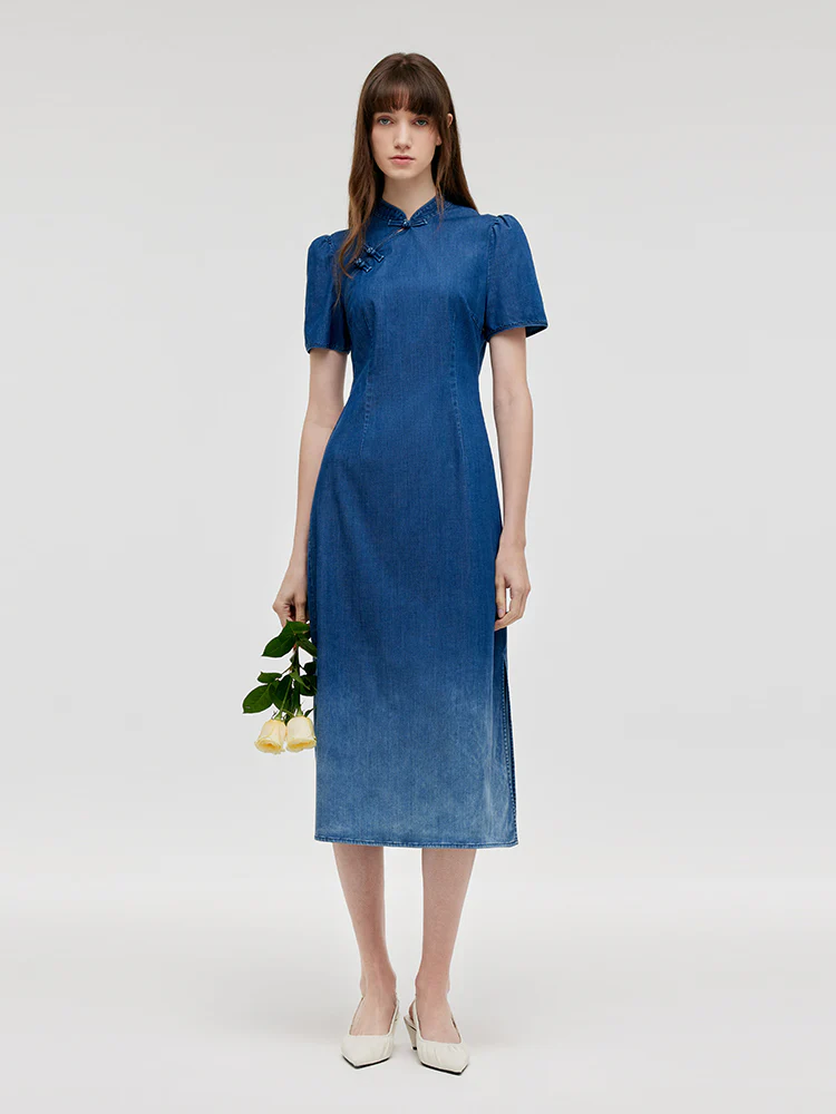 Gradient Denim Women Qipao Midi Dress - Image 2