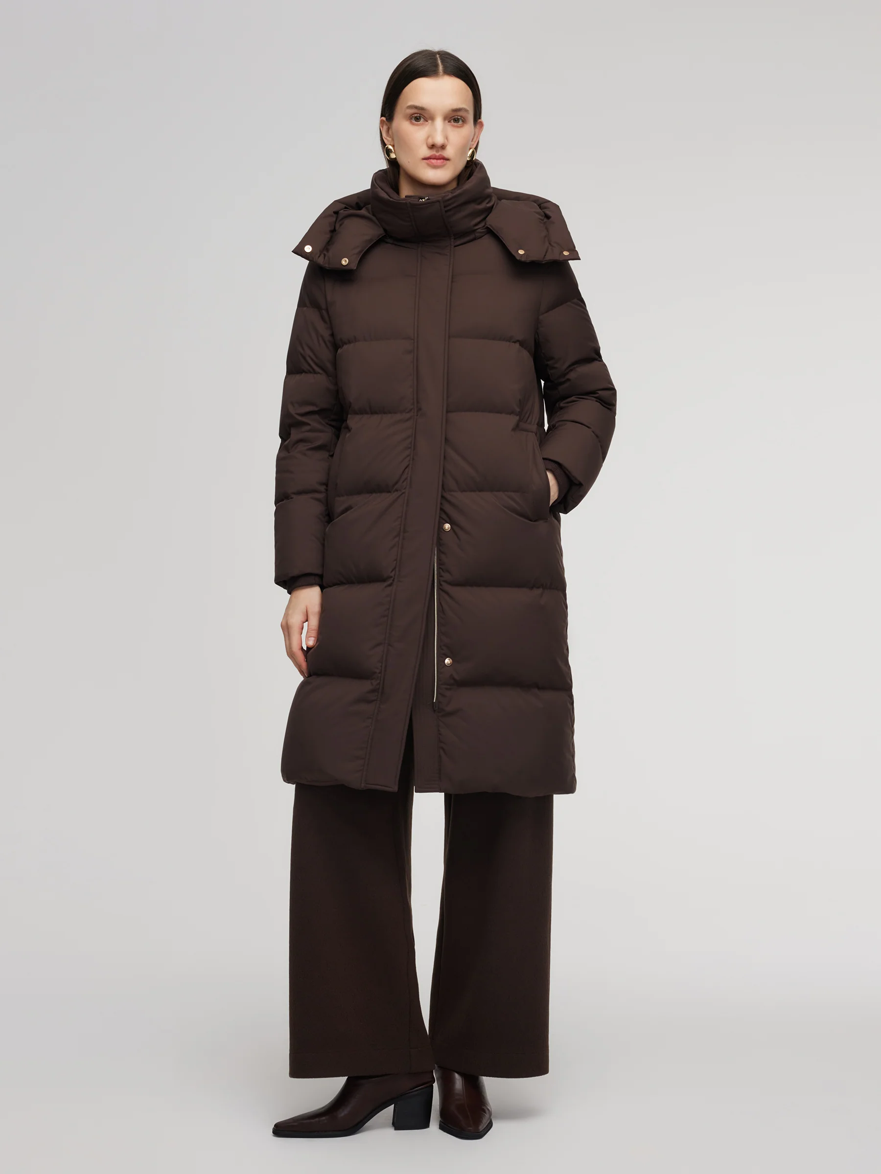 H-Line Knit Collar Long Goose Down Coat With Detachable Hood - Image 2