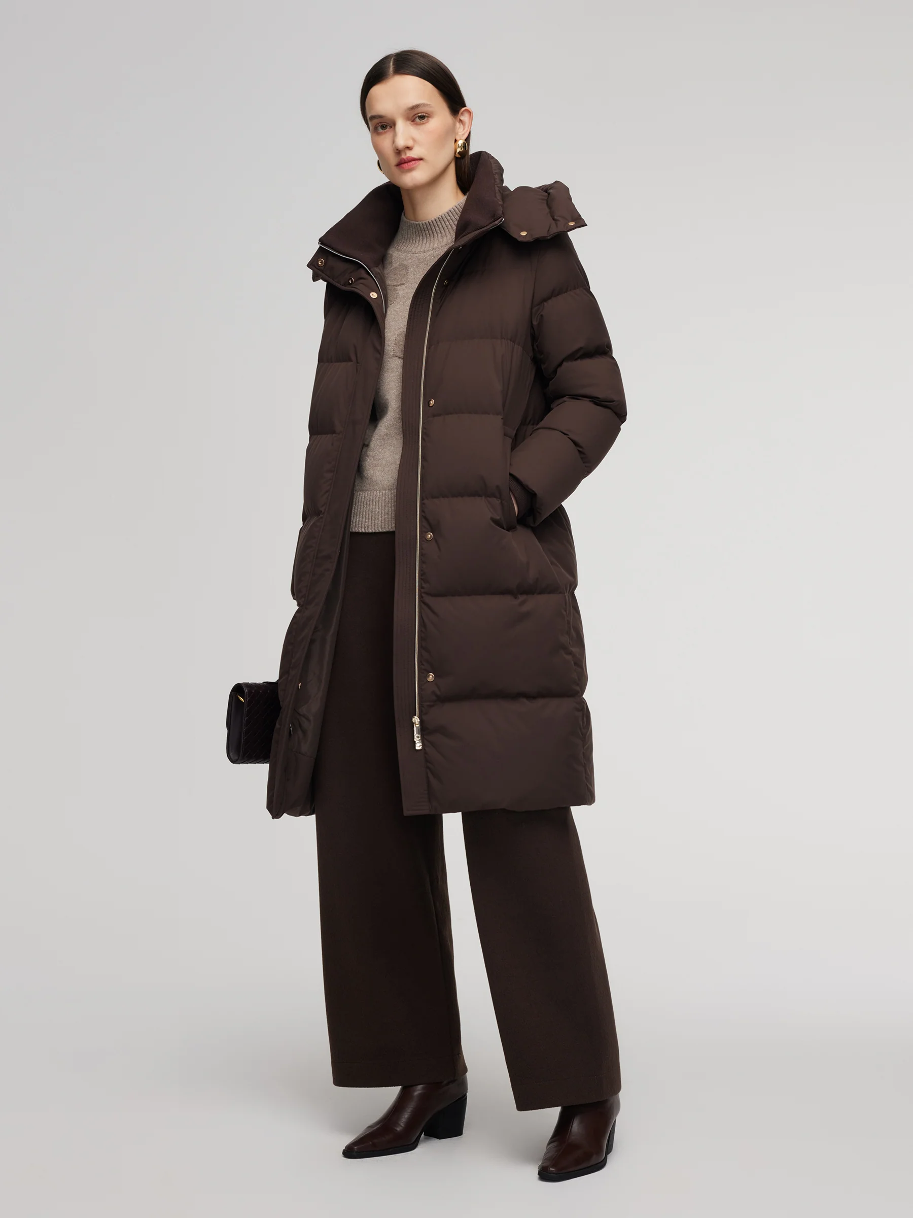 H-Line Knit Collar Long Goose Down Coat With Detachable Hood - Image 4