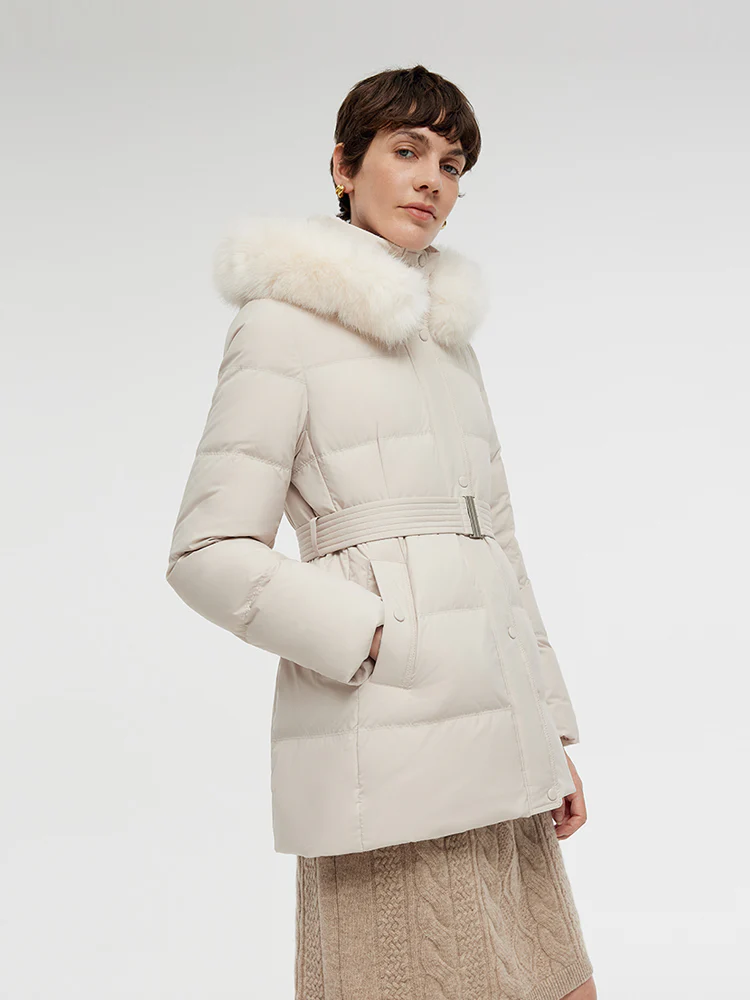Hooded Gathered Waist Goose Down Coat With Belt - Image 5