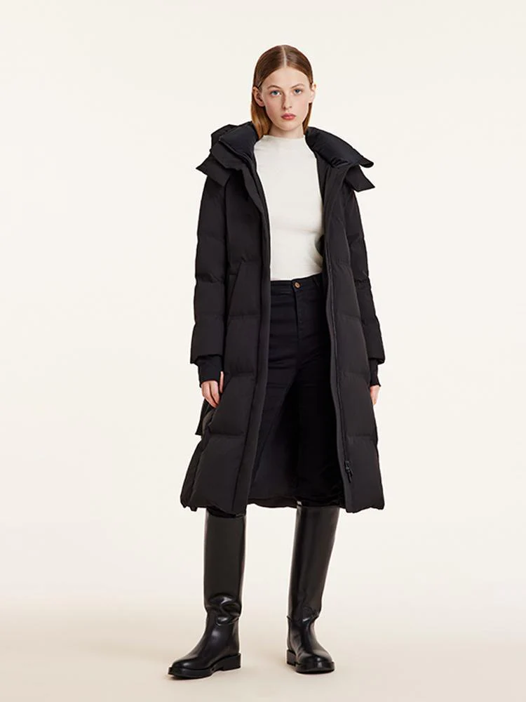 Hooded Gathered Waist Long Goose Down Garment With Belt - Image 6