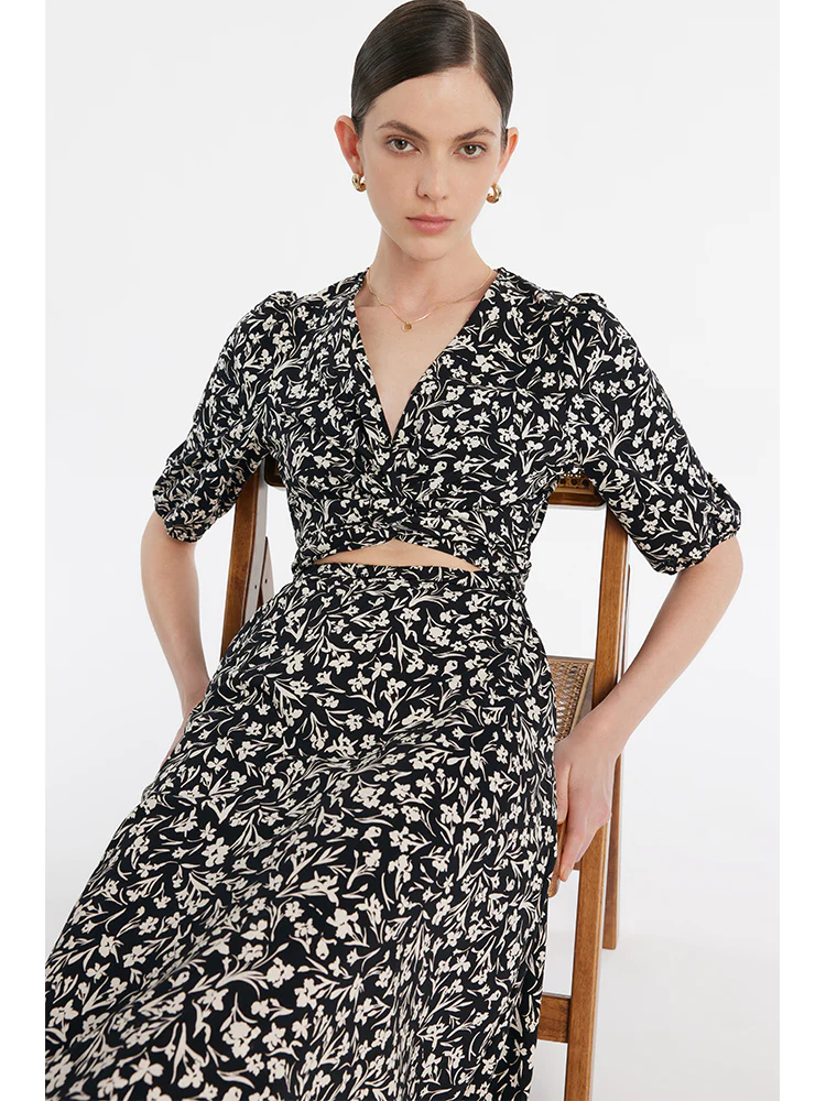 Iris Print V-Neck Tied Women Midi Dress - Image 7