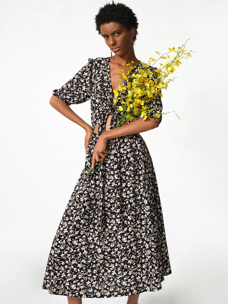 Iris Print V-Neck Tied Women Midi Dress - Image 9