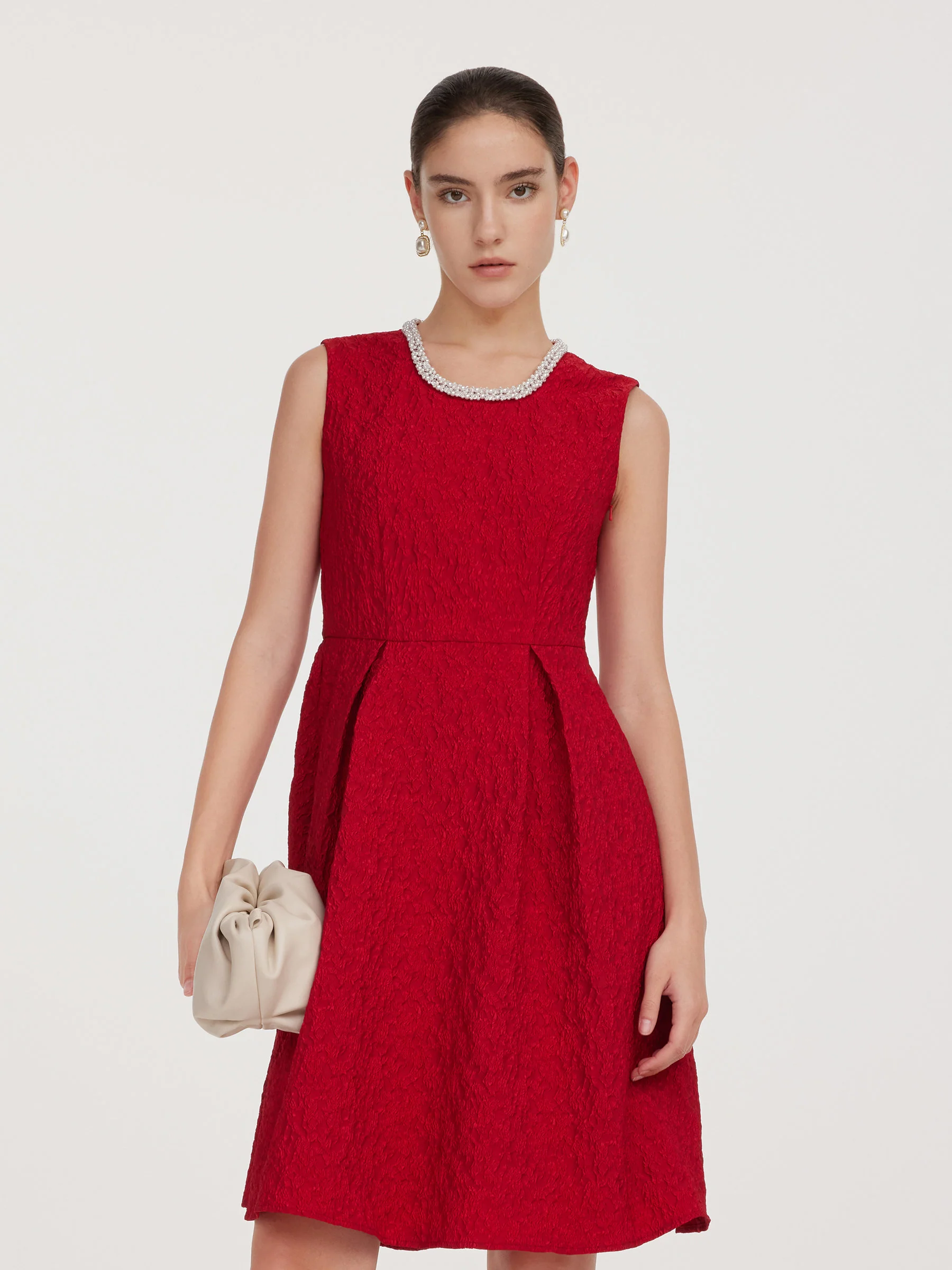 Jacquard Beaded Round Neck Women Sleeveless Mini Dress