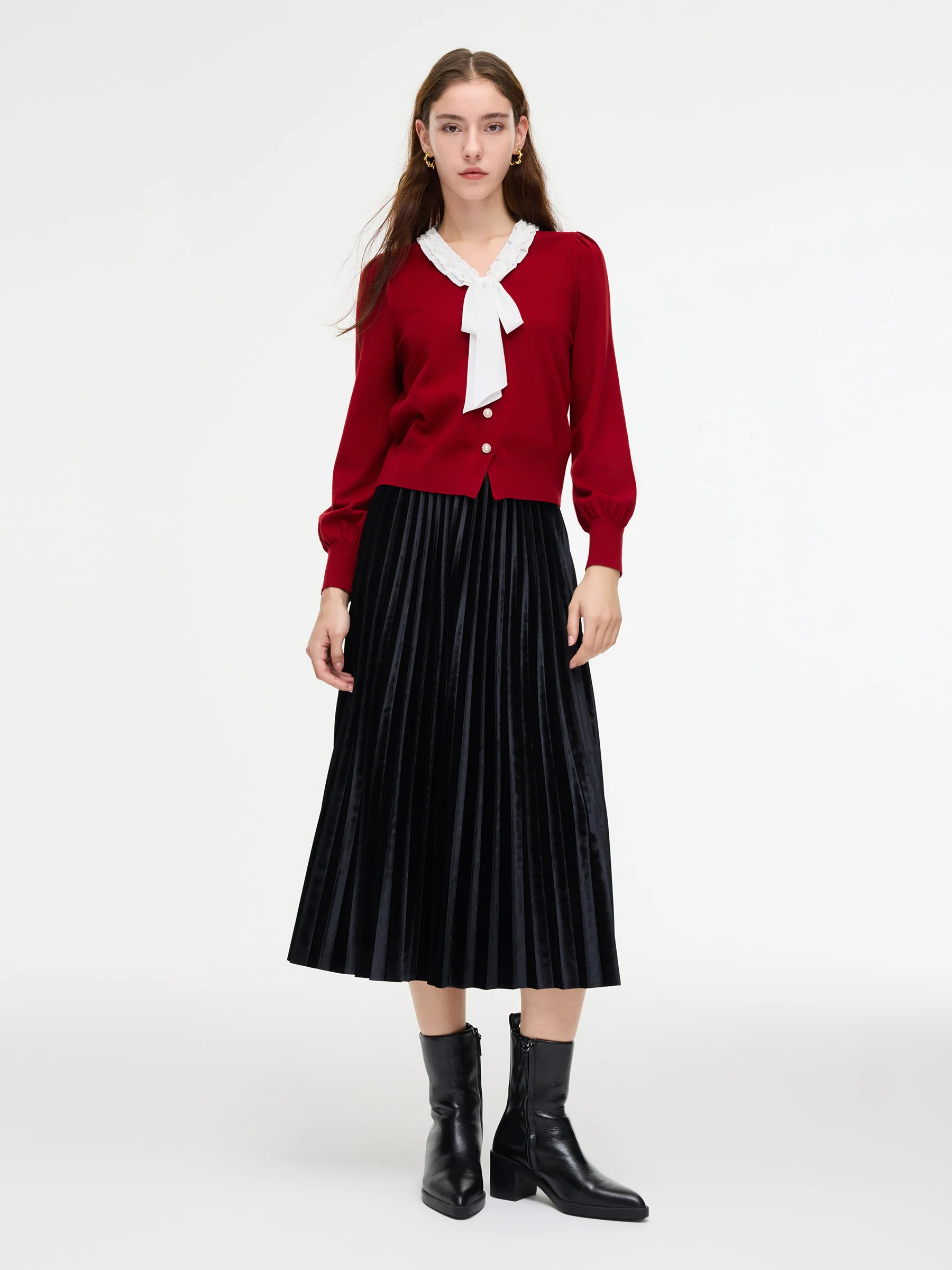 Knit Top And Velvet Pleated Skirt Two-Piece Set With Detachable Ribbon