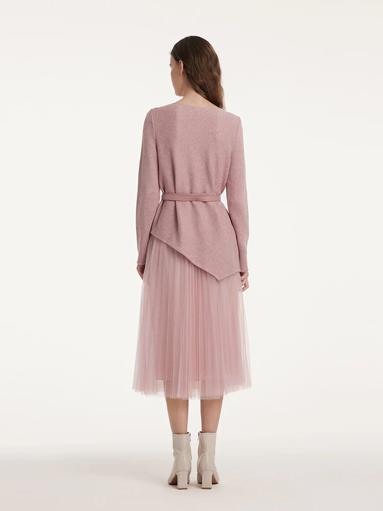 Asymmetrical Hem Top And Tulle Women Skirt With Belt Two-Piece Set - Image 12
