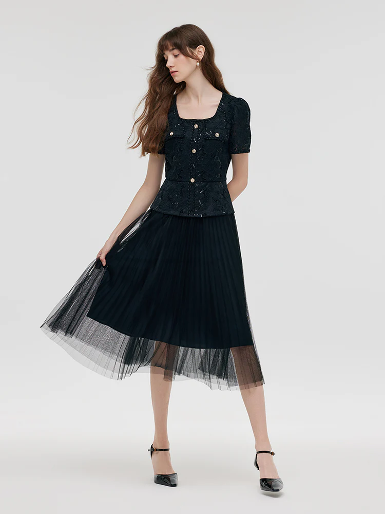 Lace Patchwork Tulle Women Midi Dress - Image 3