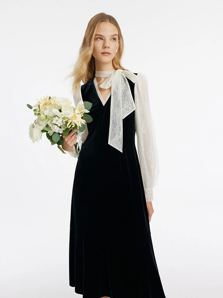 Lace Patchwork Velvet Women Midi Dress - Image 12