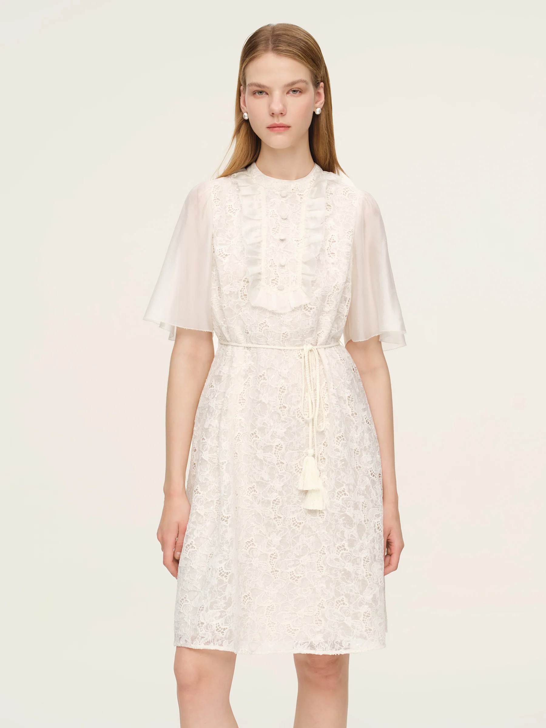 Lace Ruffle Sleeve A-Line Women Mini Dress With Tie-String Belt And Scrunchie