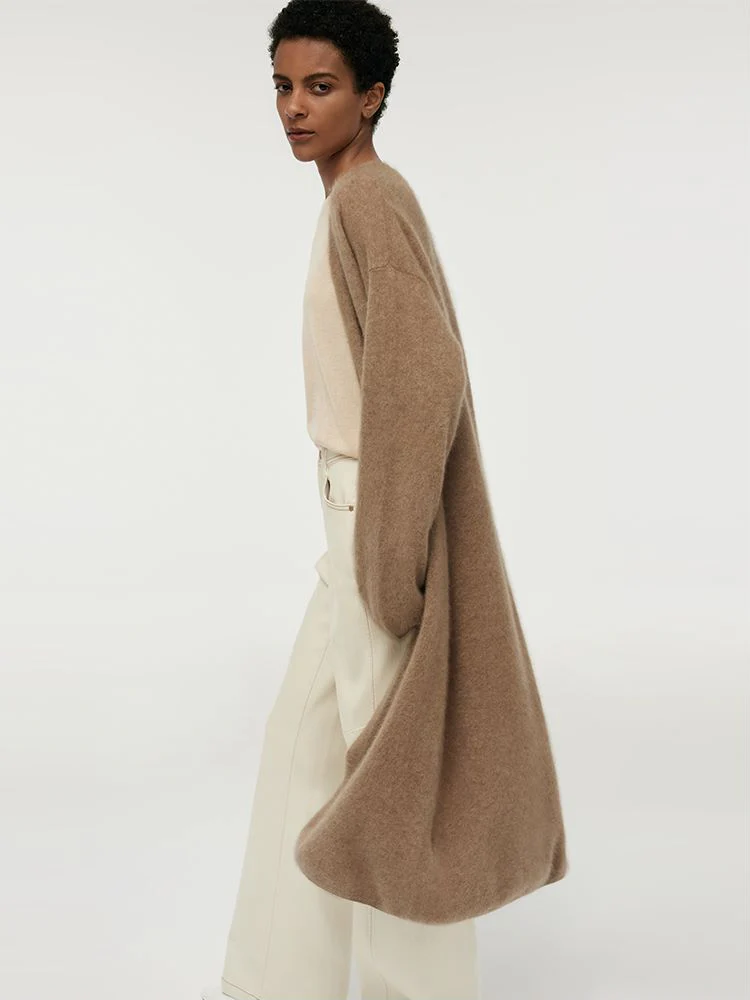 Light Camel Brushed Cashmere Long Women Cardigan - Image 4
