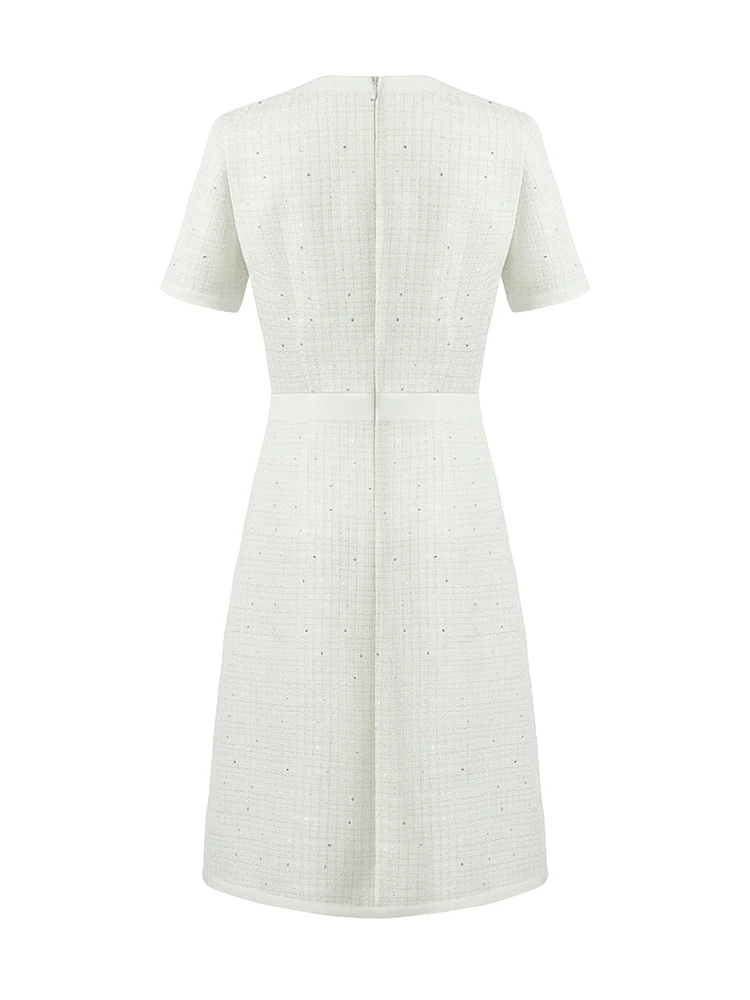 Gathered Waist Single-Breasted Sequins Tweed Mini Dress With Patch Pockets - Image 13