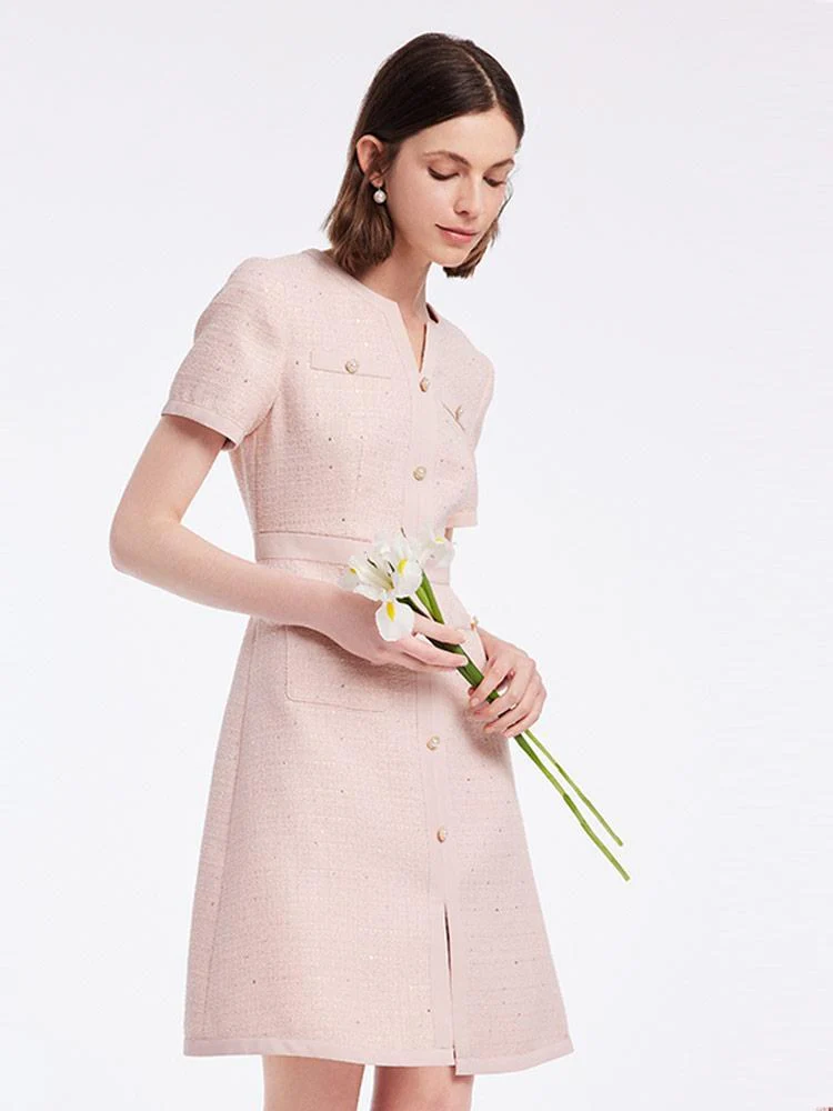 Gathered Waist Single-Breasted Sequins Tweed Mini Dress With Patch Pockets - Image 6