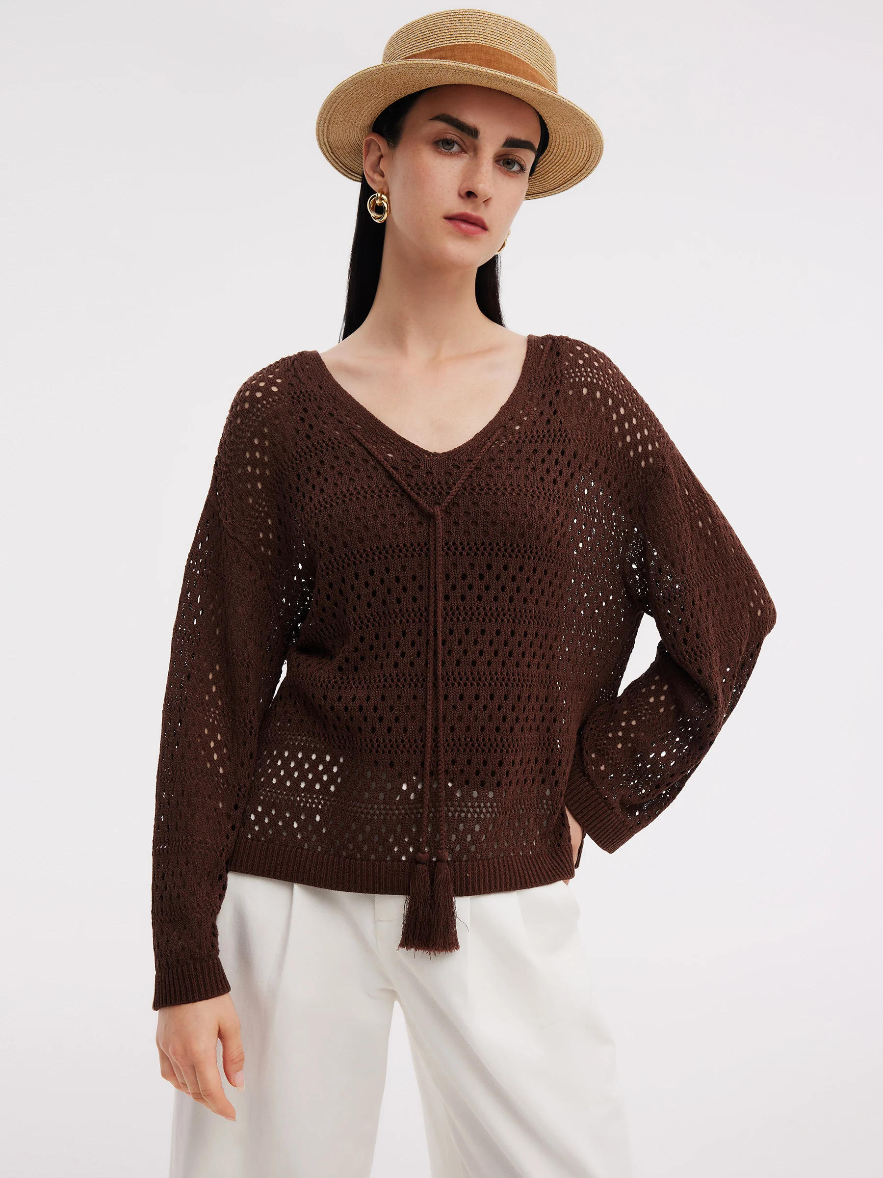 Linen Blend Openwork Pullover And Knit Tank Two-Piece Set