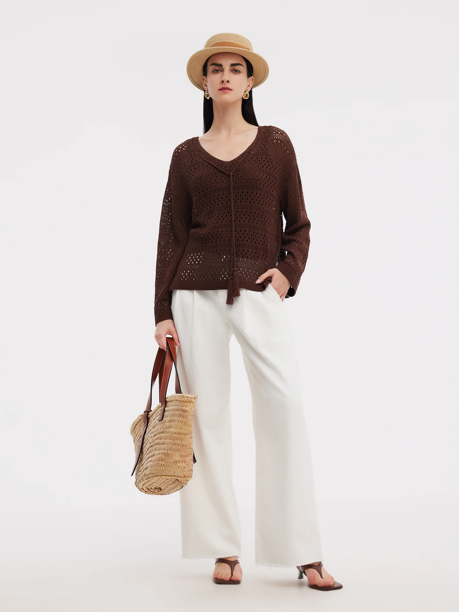 Linen Blend Openwork Pullover And Knit Tank Two-Piece Set - Image 2