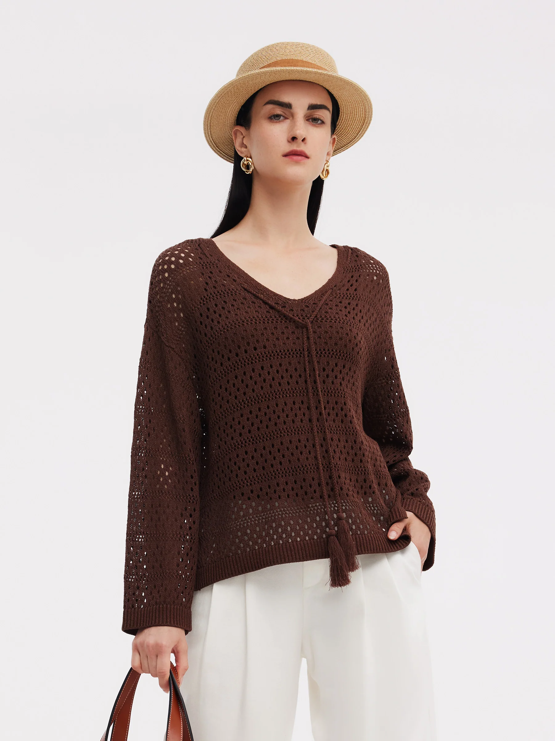 Linen Blend Openwork Pullover And Knit Tank Two-Piece Set - Image 6
