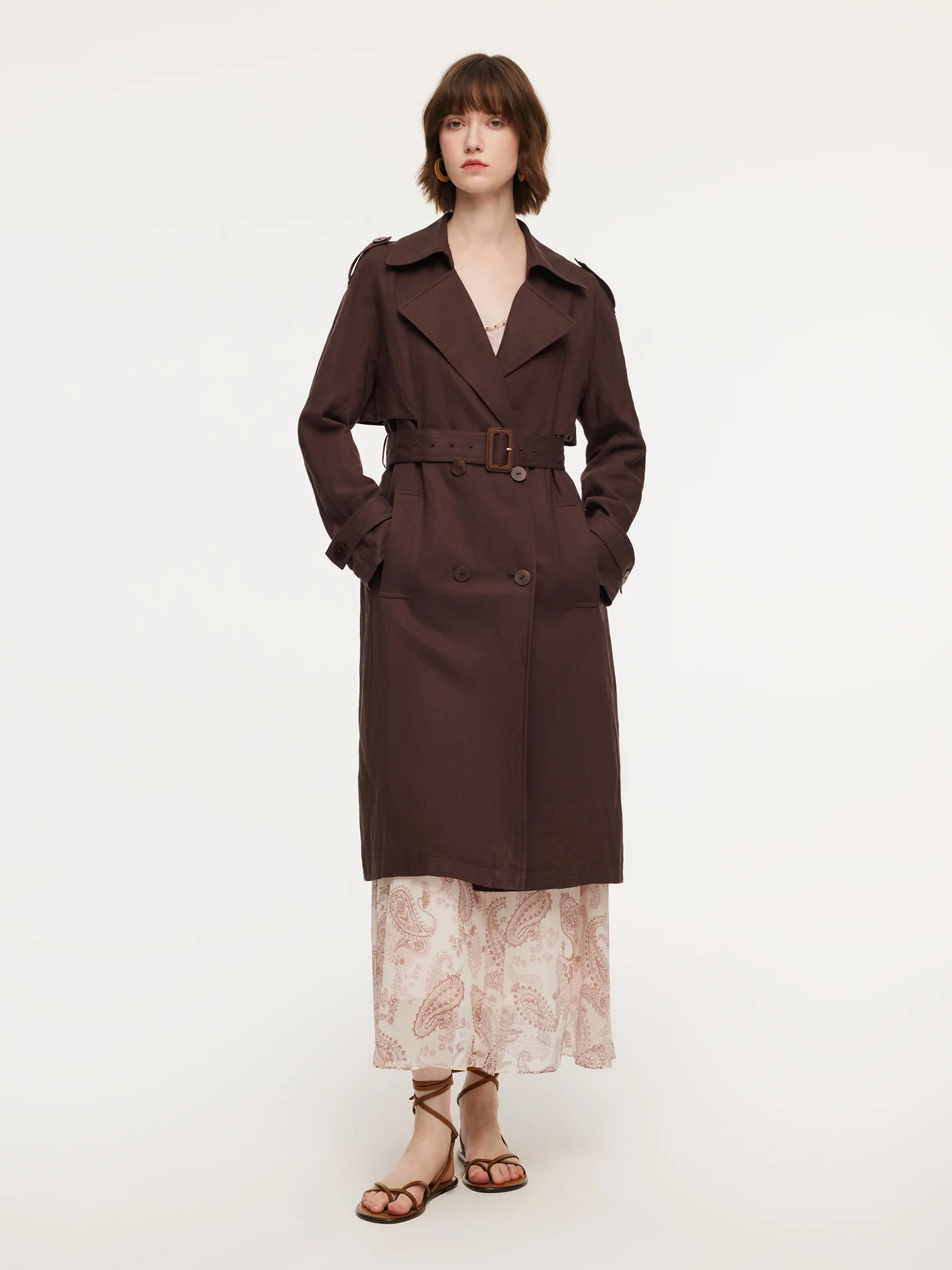 Linen Blend Women Belted Trench Coat - Image 2