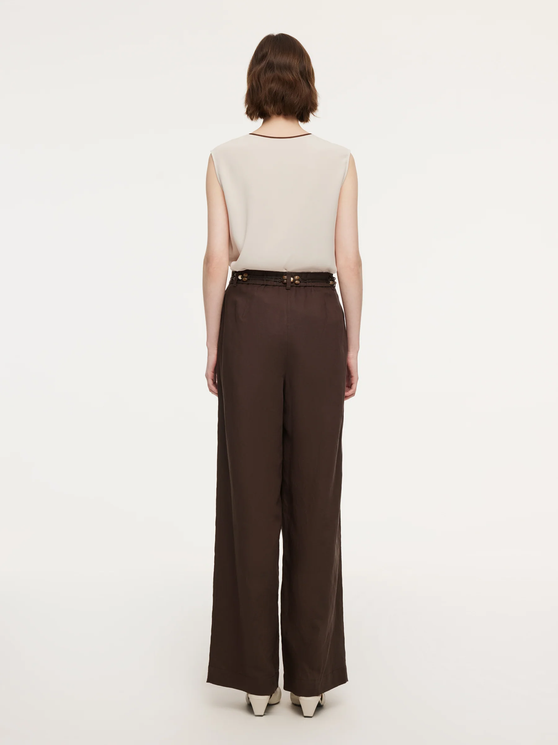 Linen Blend Women Wide Leg Pants With Tie String Belt - Image 3