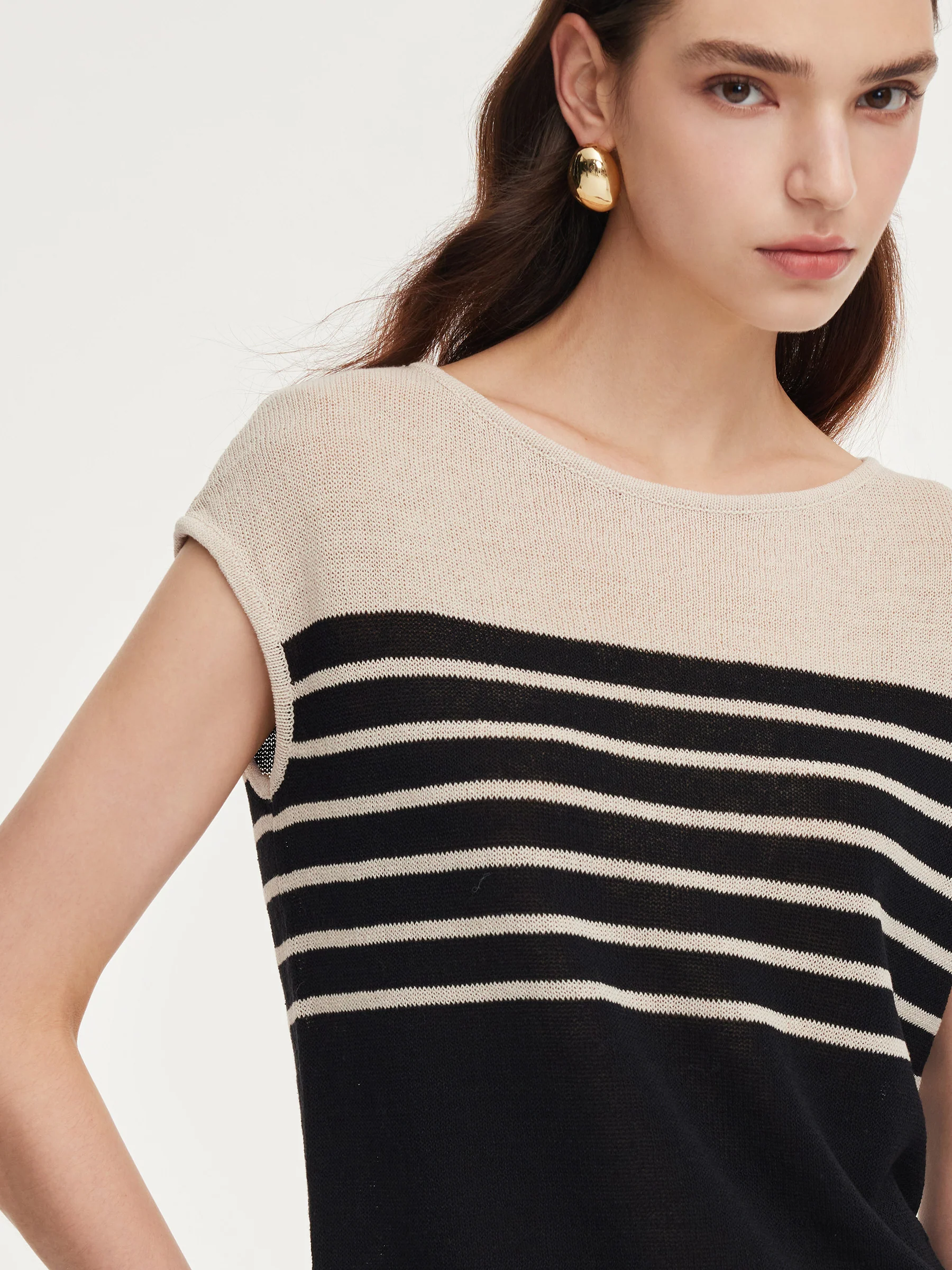 Linen Cotton Blend Stripe Color Block Women Knit Top - Image 6