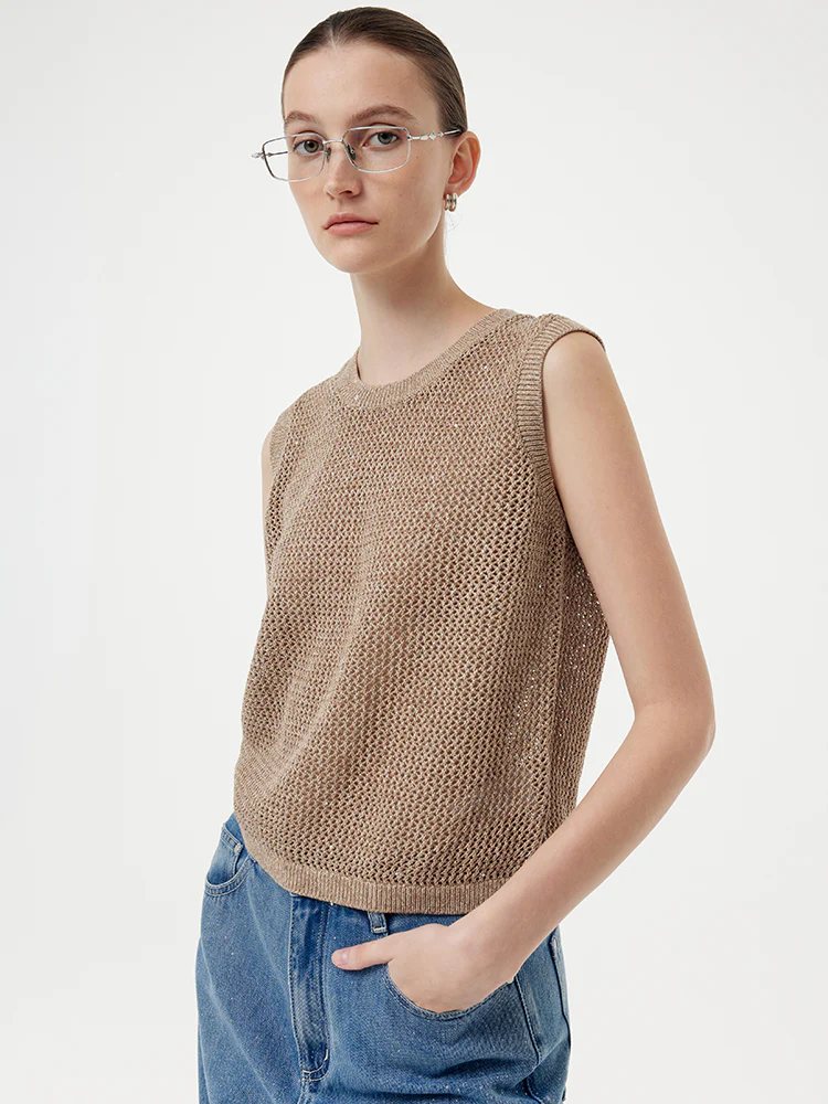 Linen Sequin-Embellished Women Open-Knit Tank Top - Image 6