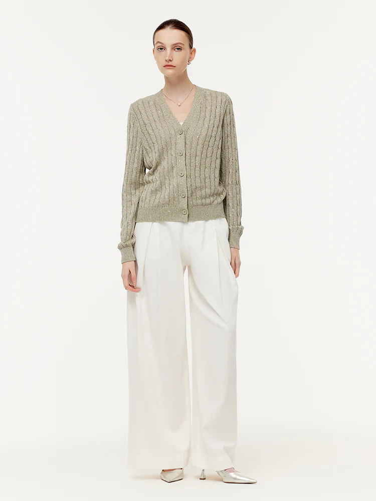 Linen Sequins Openwork Women Knit Cardigan - Image 2
