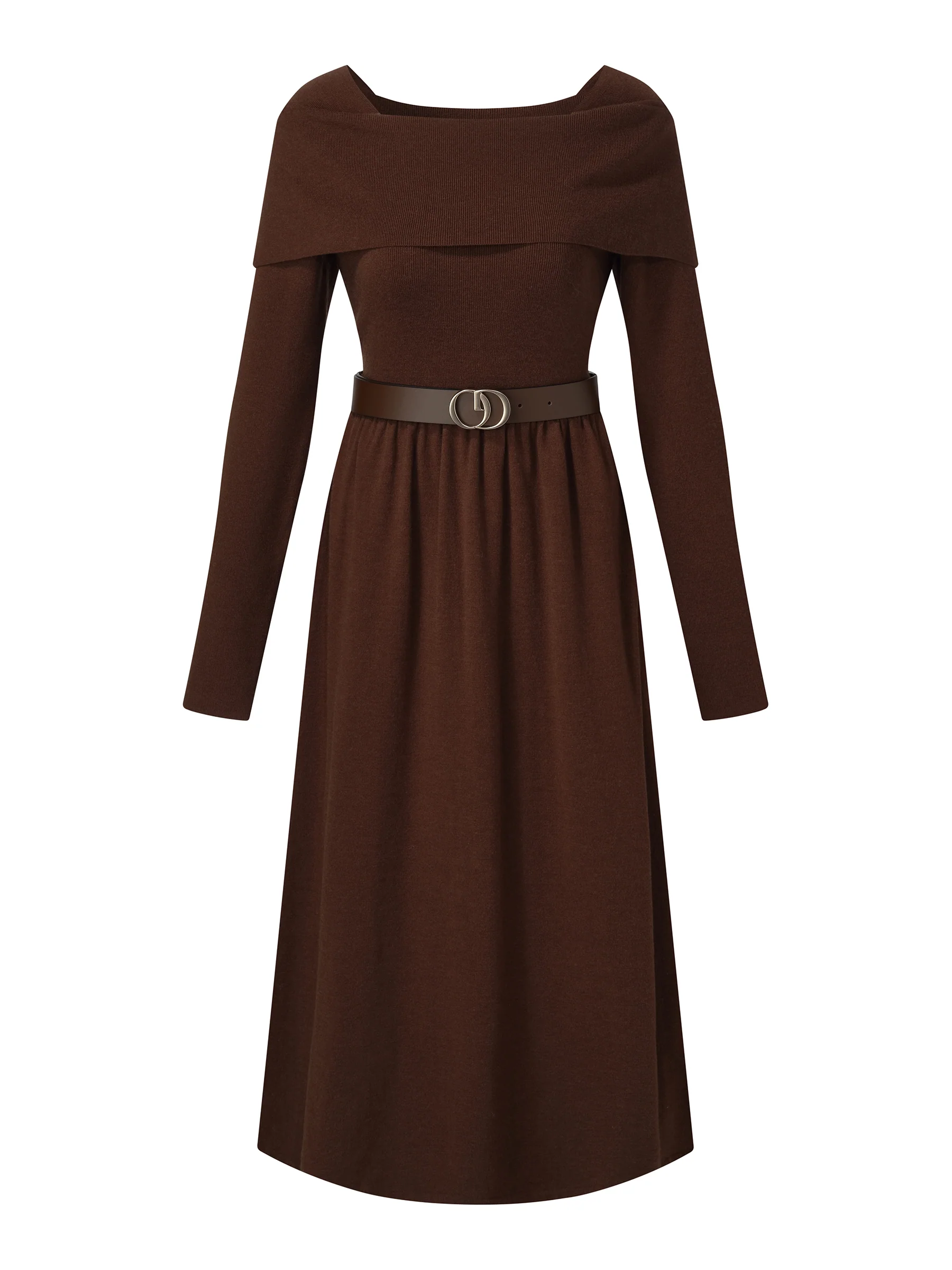 Tencel Wool Blend Boat Neck Women Knit Maxi Dress With Leather Belt - Image 9