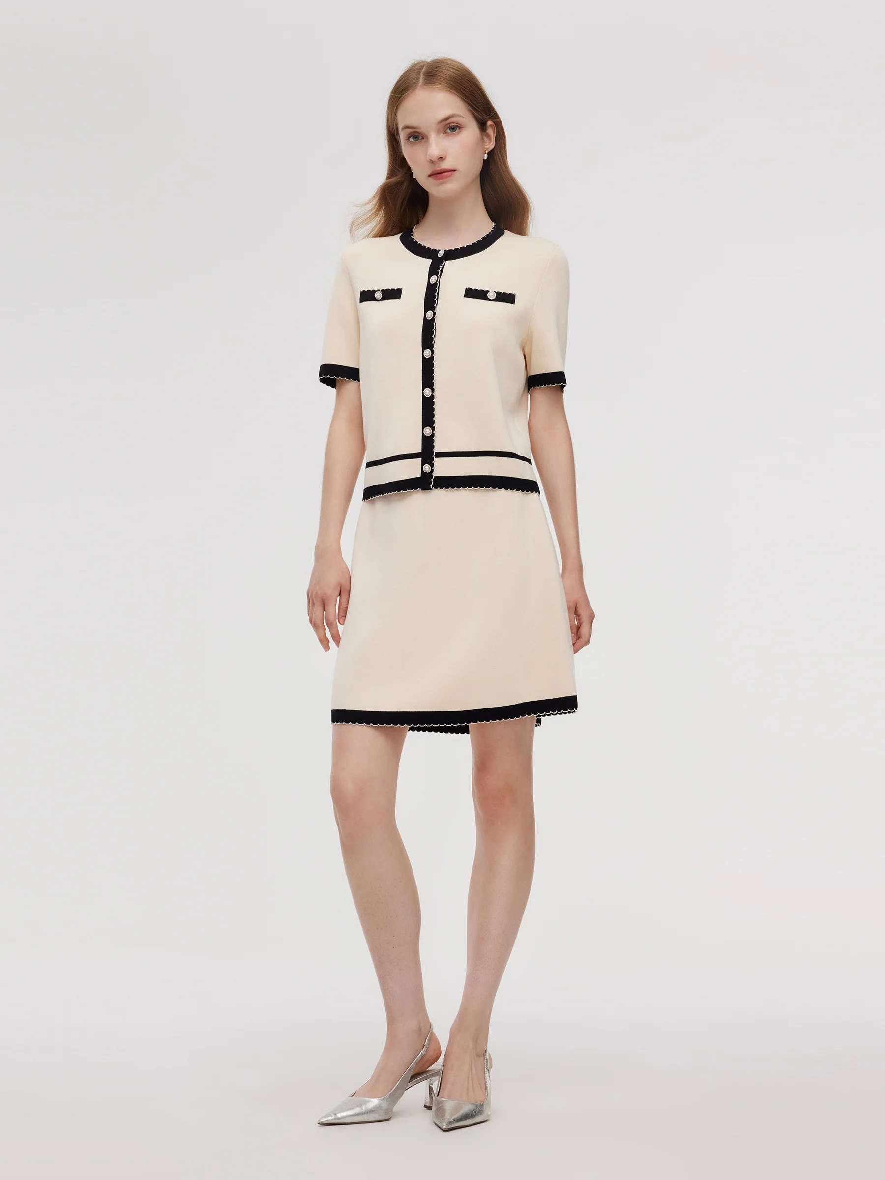 Lyocell Blend Contrast Trim Cardigan And Mini Skirt Two-Piece Set