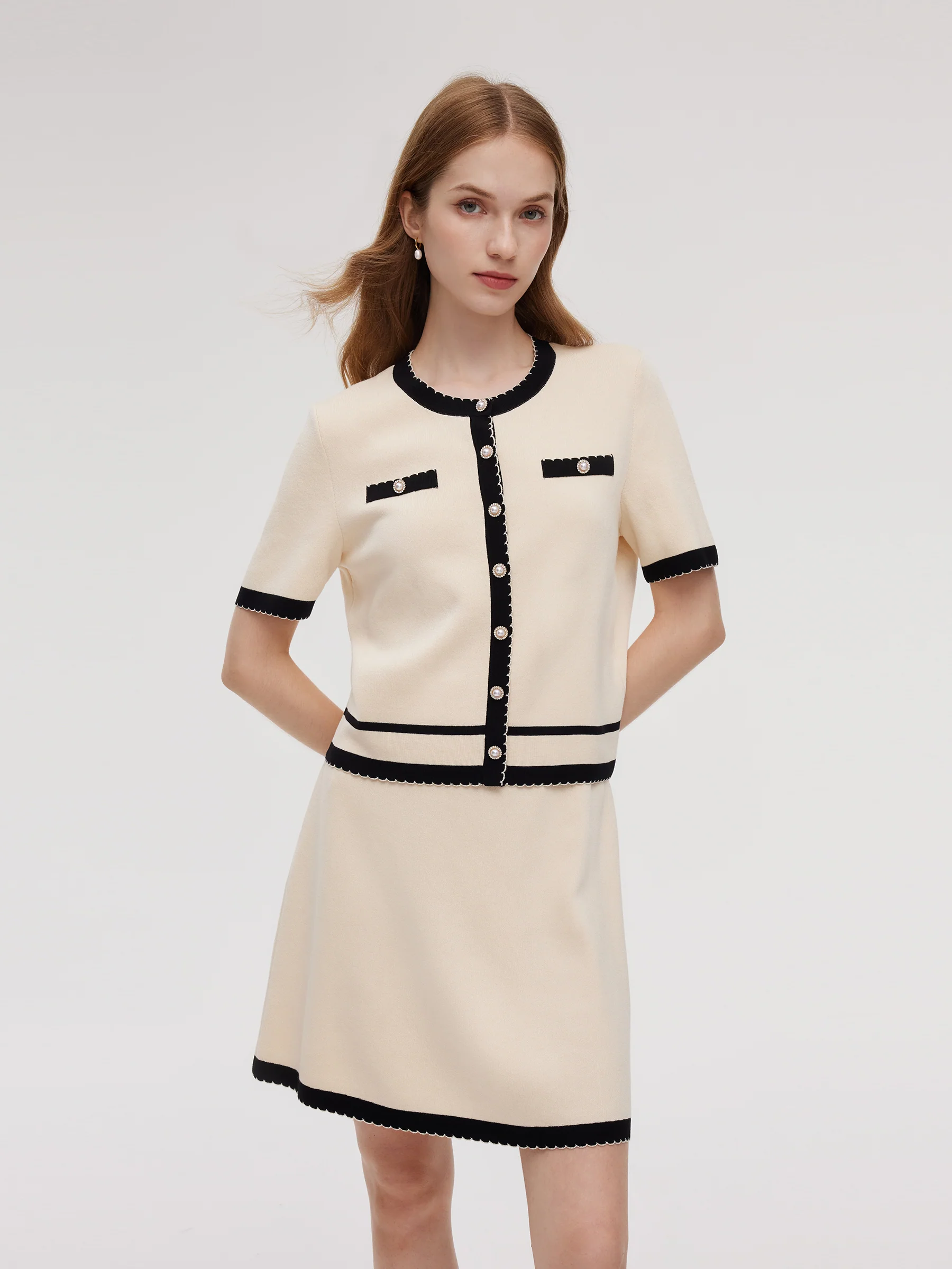 Lyocell Blend Contrast Trim Cardigan And Mini Skirt Two-Piece Set - Image 3