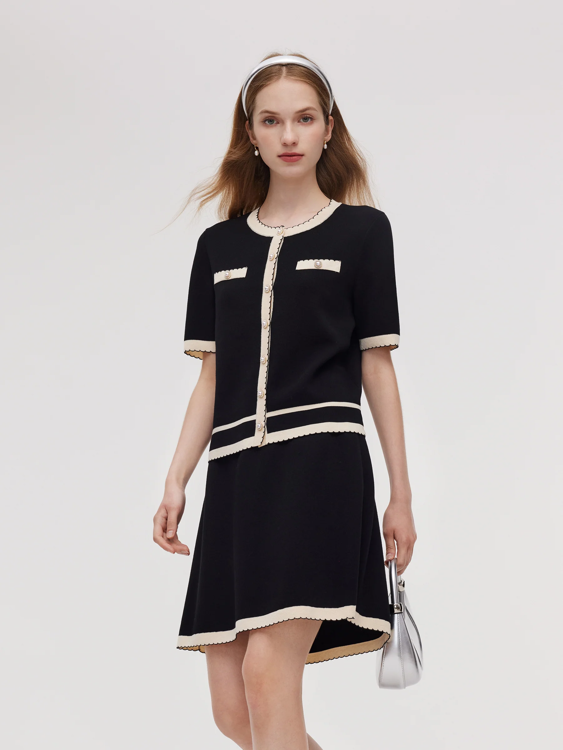 Lyocell Blend Contrast Trim Cardigan And Mini Skirt Two-Piece Set - Image 7