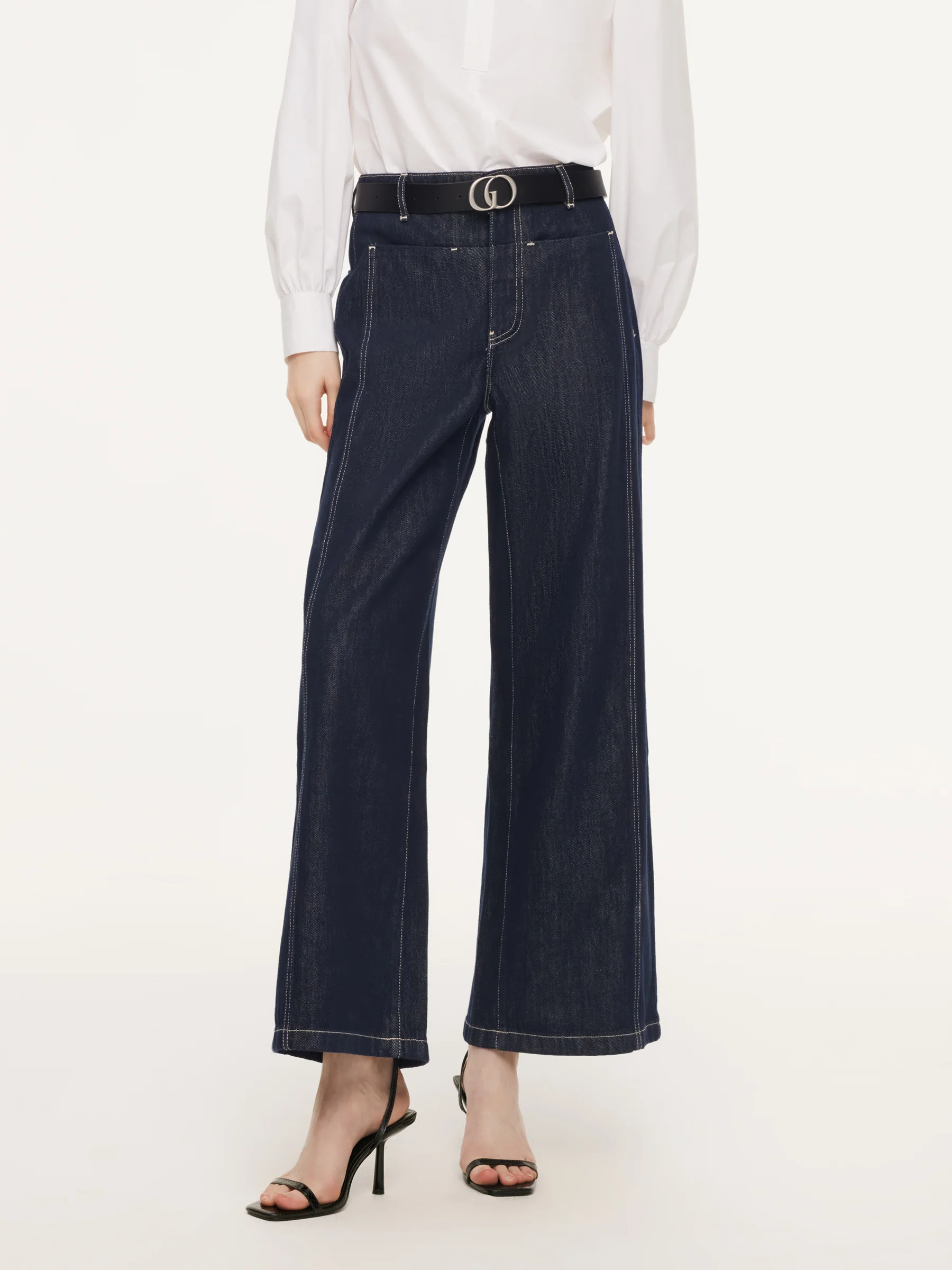 Lyocell Blend Denim Paneled Seam Women Wide Leg Jeans With Belt - Image 5