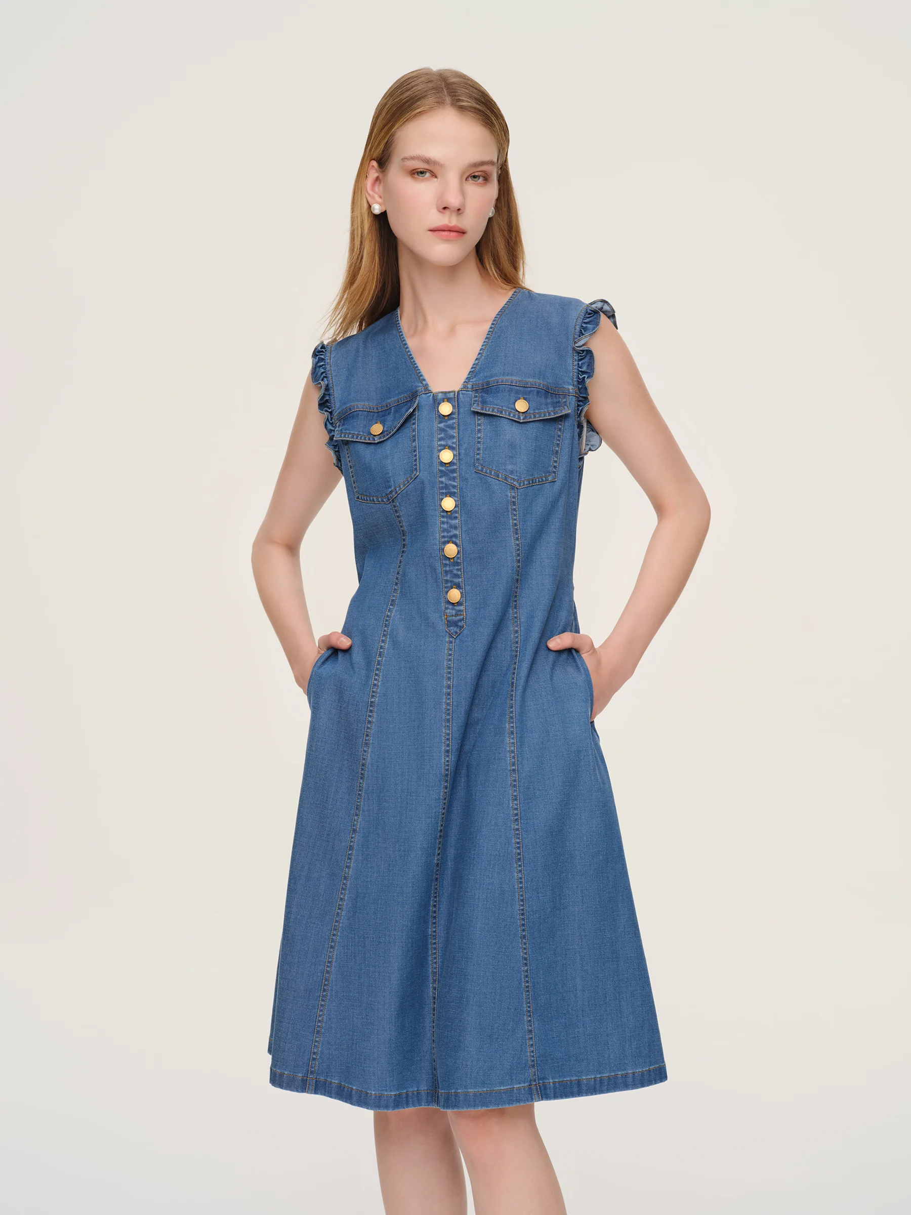 Lyocell Blend Denim V-Neck Women Sleeveless Midi Dress - Image 5