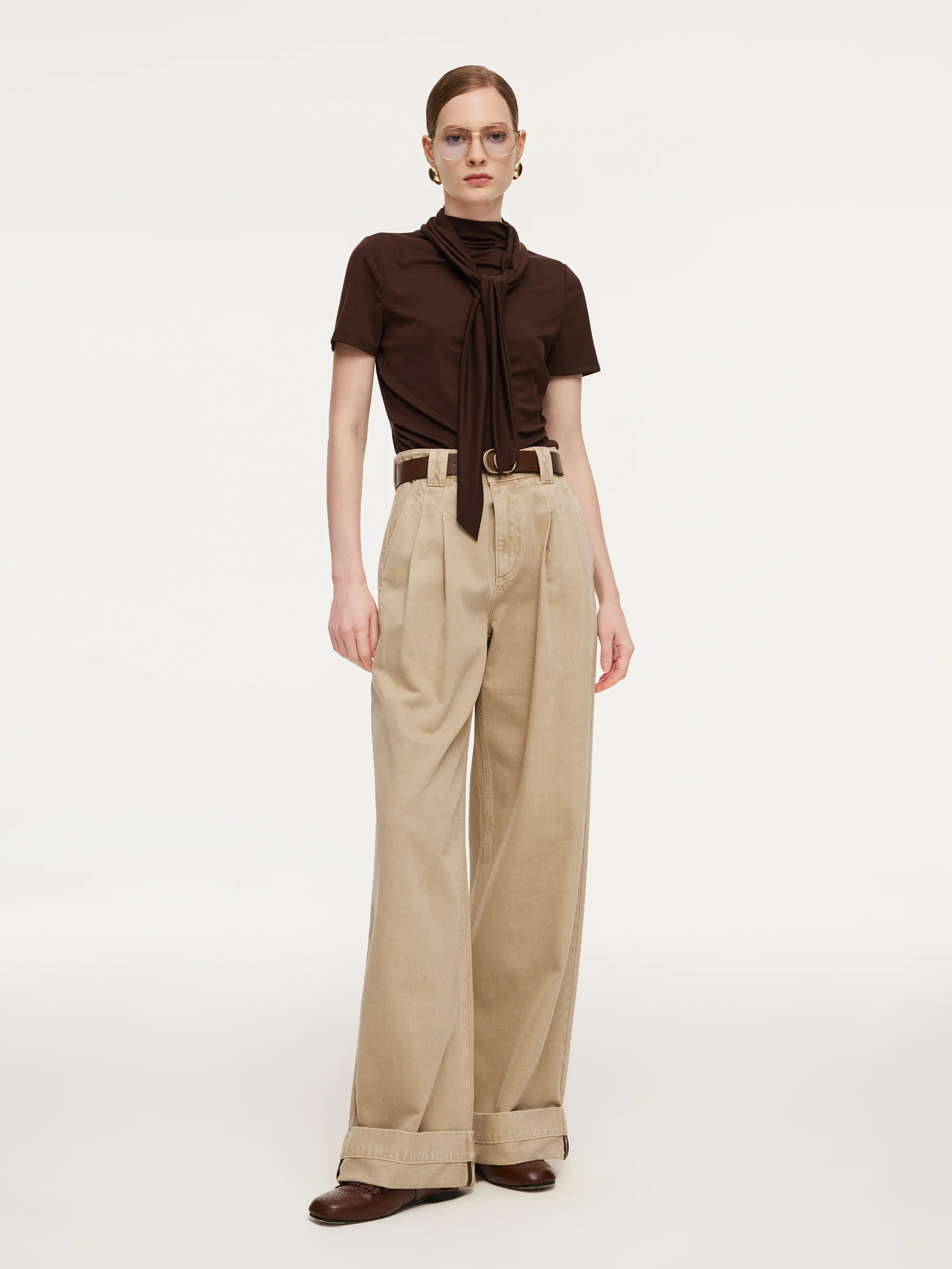 Tencel Blend Mock Neck Ruched Women Knit Top With Triangle Scarf - Image 2