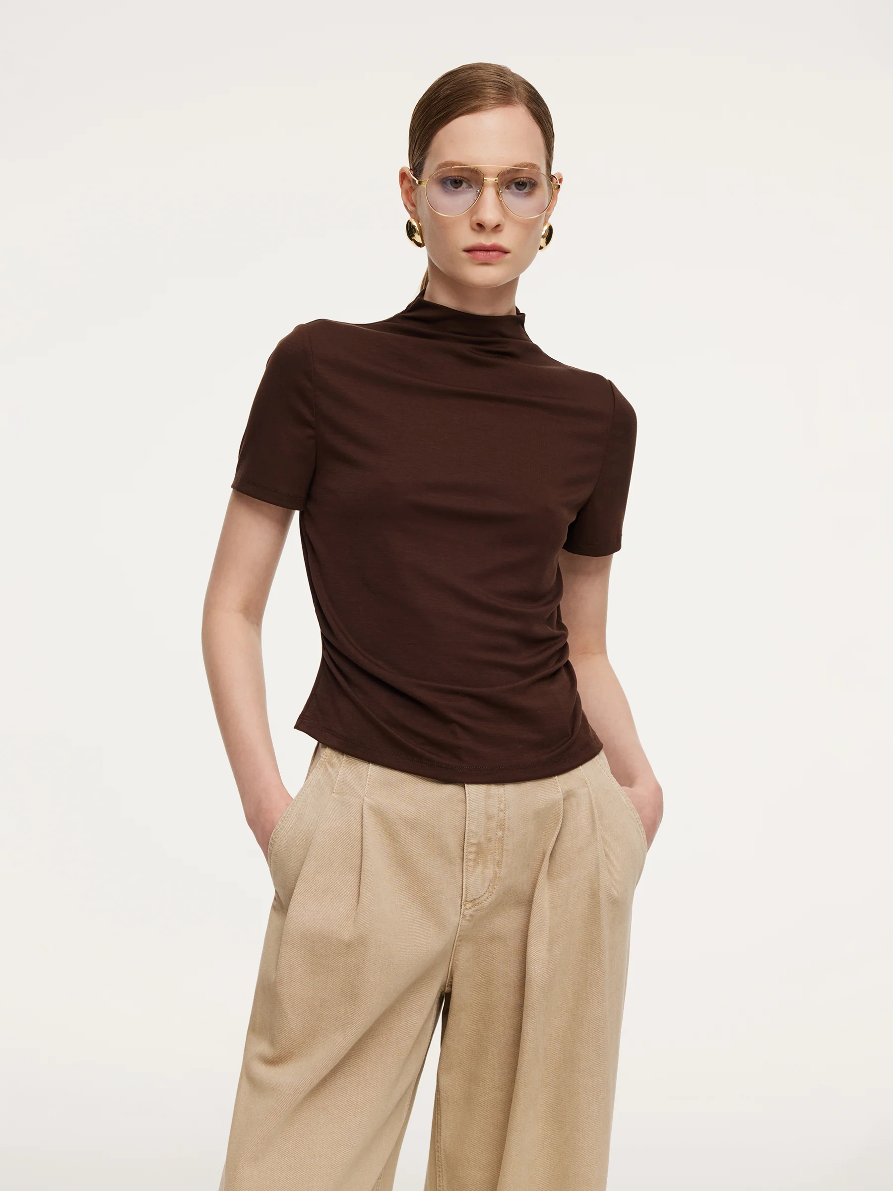 Tencel Blend Mock Neck Ruched Women Knit Top With Triangle Scarf - Image 6