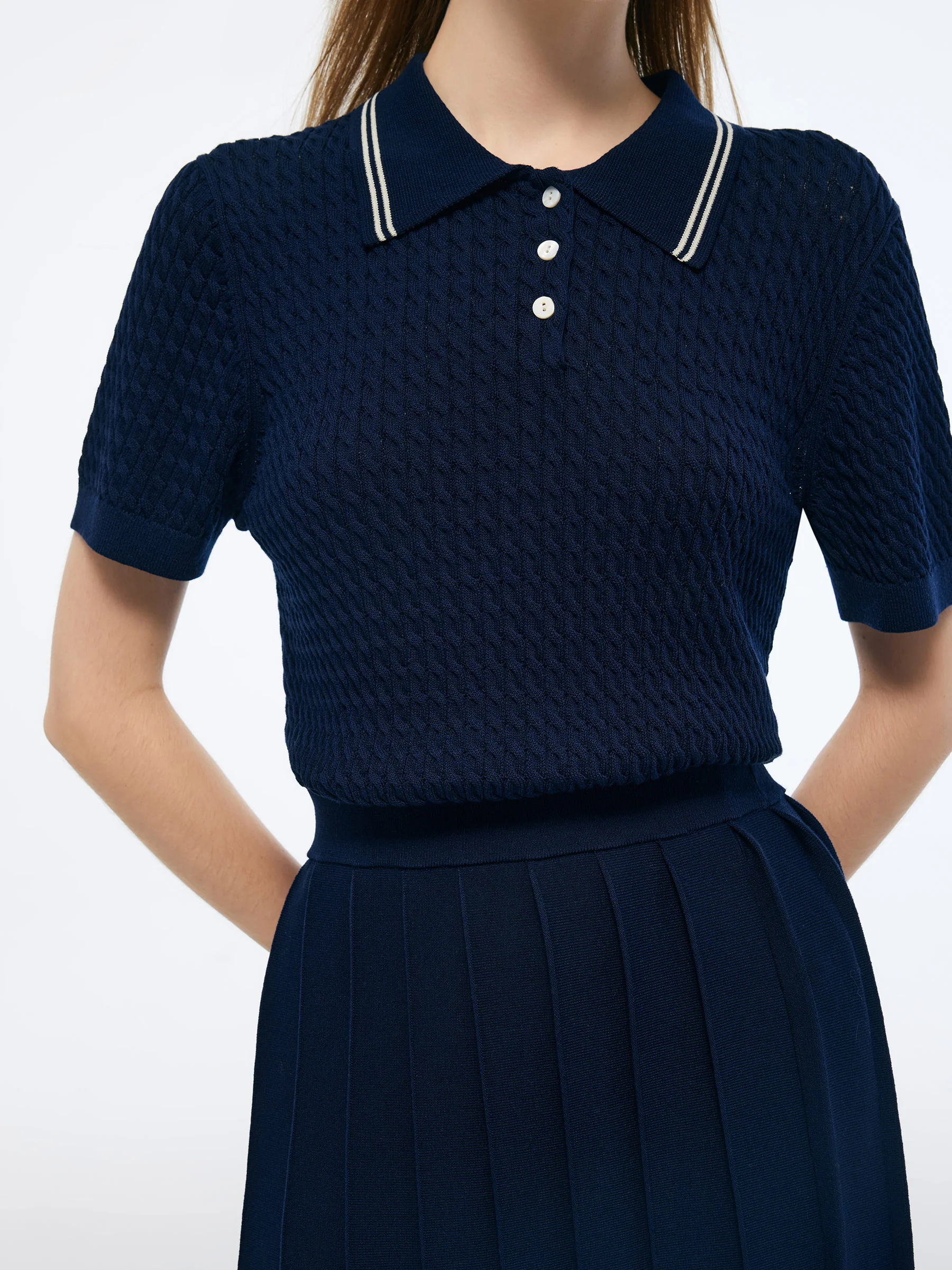 Lyocell Blend Polo Knit Top And Pleated Skirt Two-Piece Set - Image 5