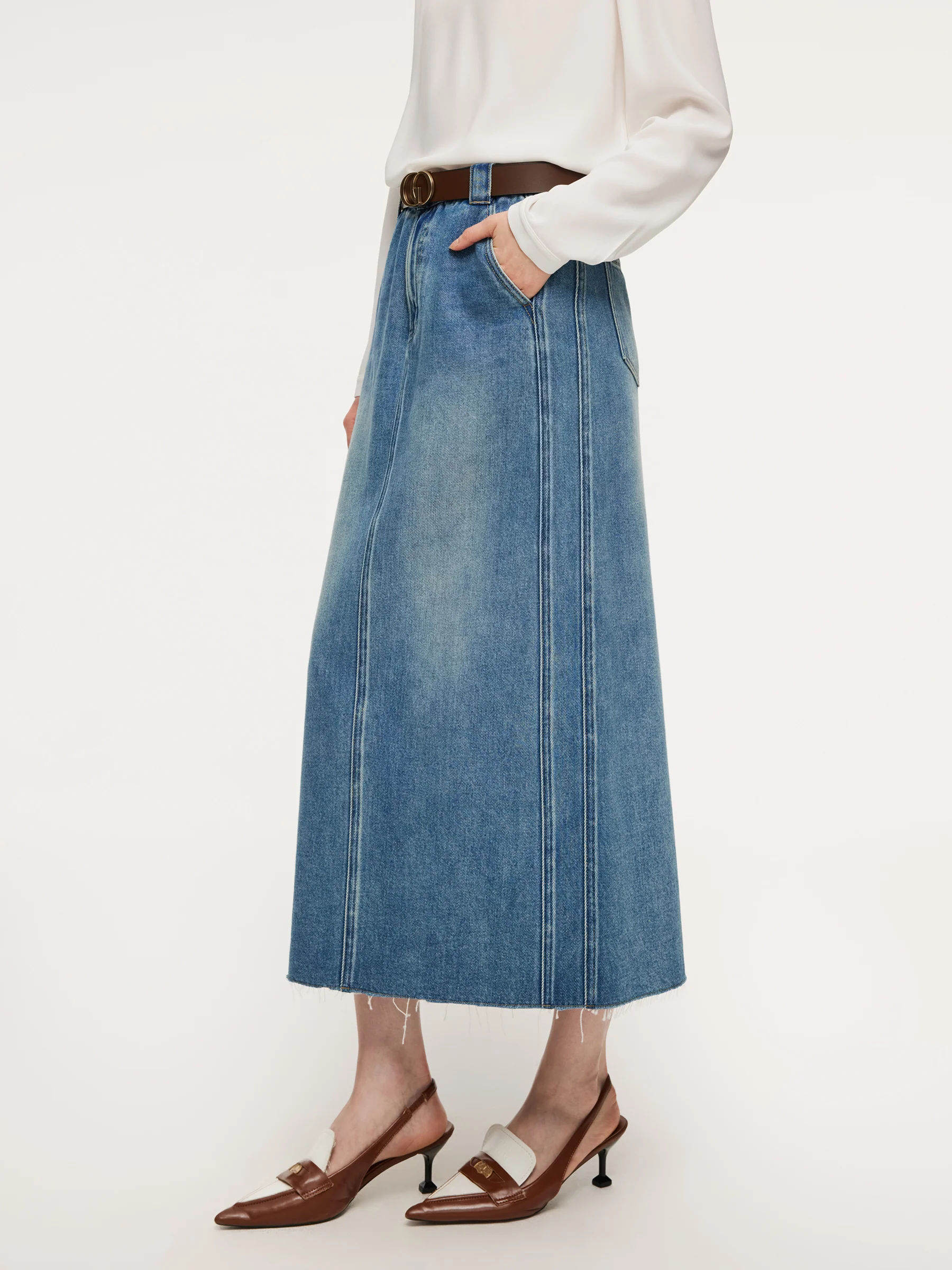 Lyocell Cotton Blend Denim Frayed Hem Women Skirt With Belt - Image 5