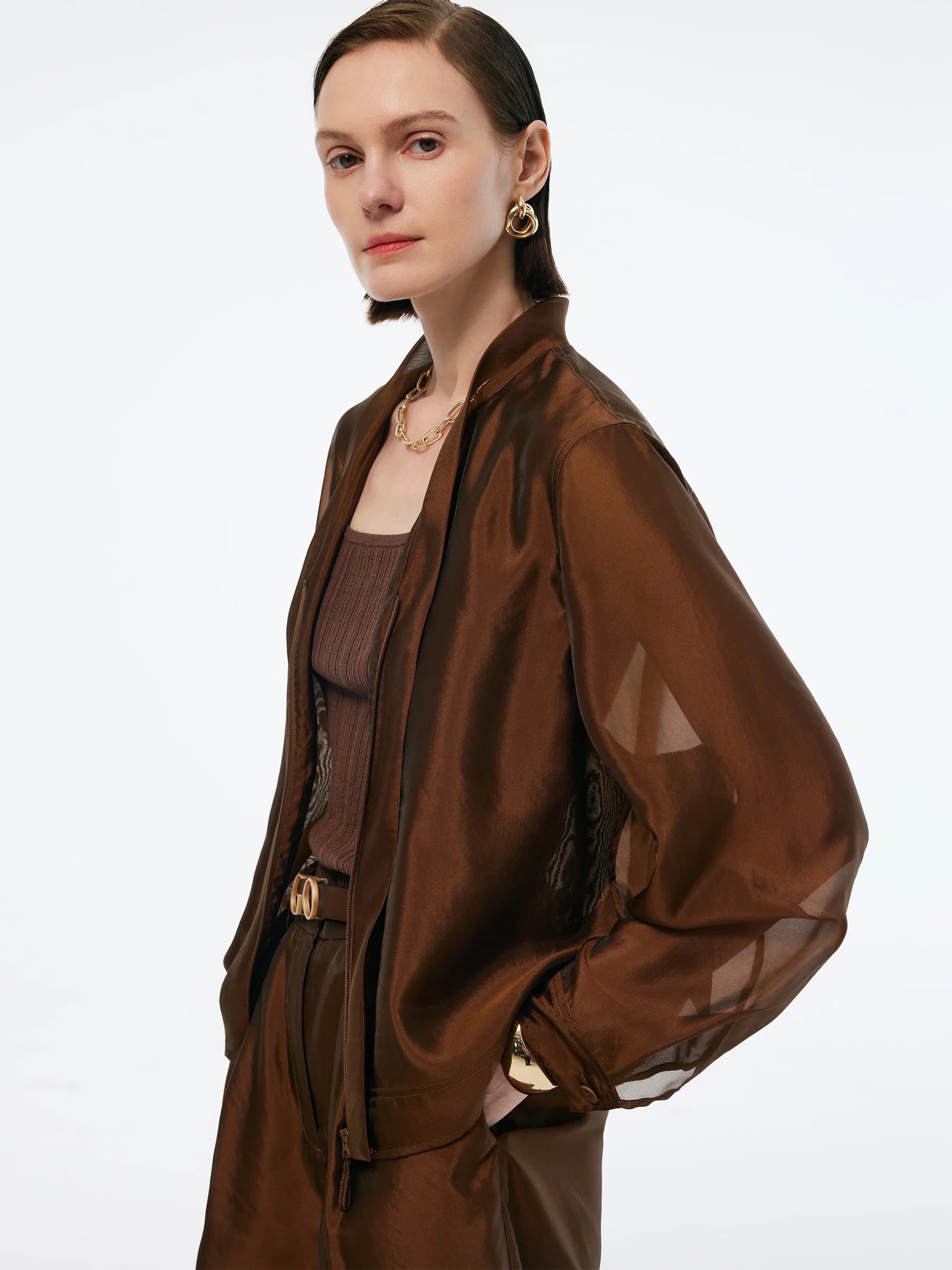 Mulberry Silk Blend Women Zip-Up Sheer Jacket - Image 5